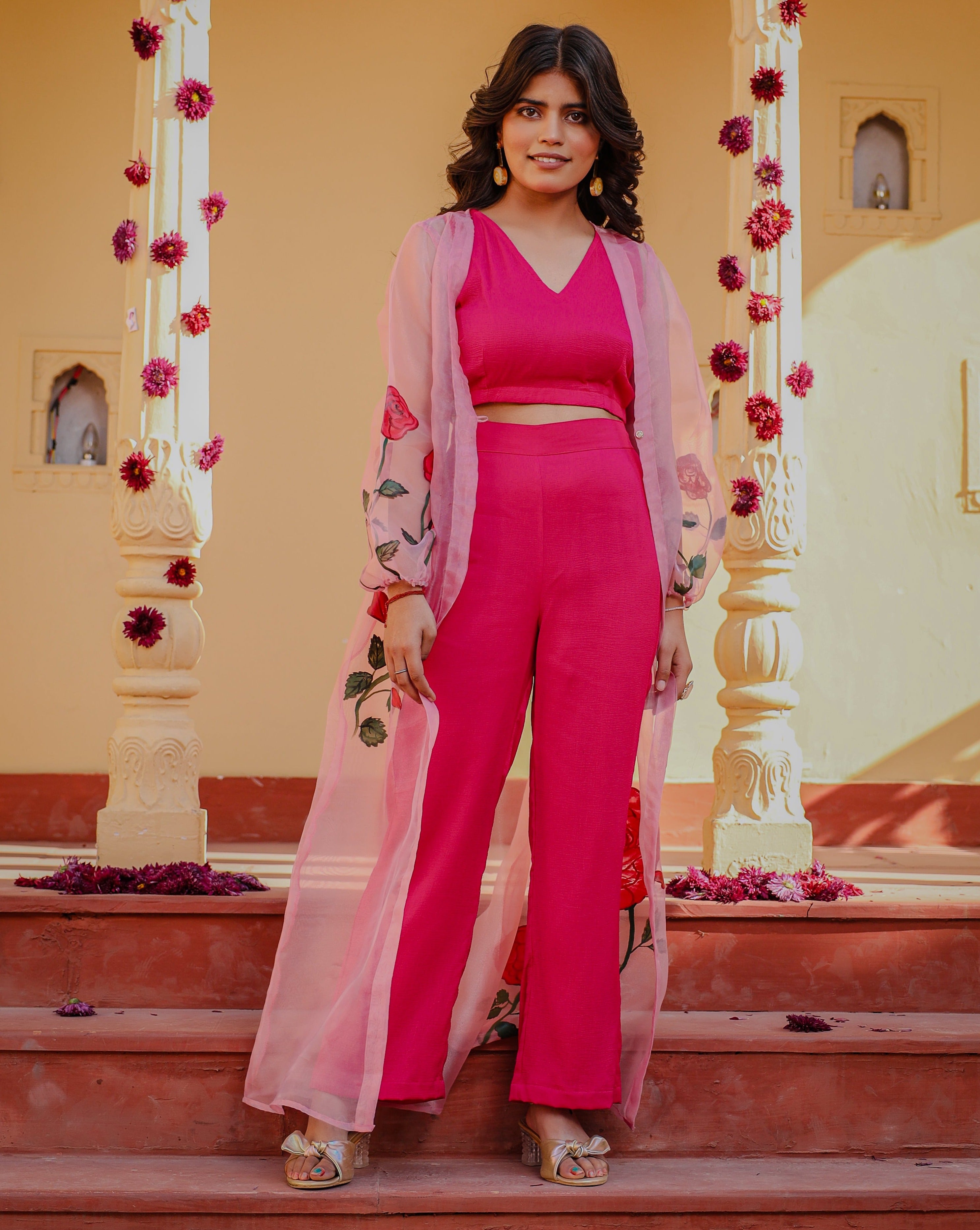 Mishika Pink Rose Handpainted 3 Piece