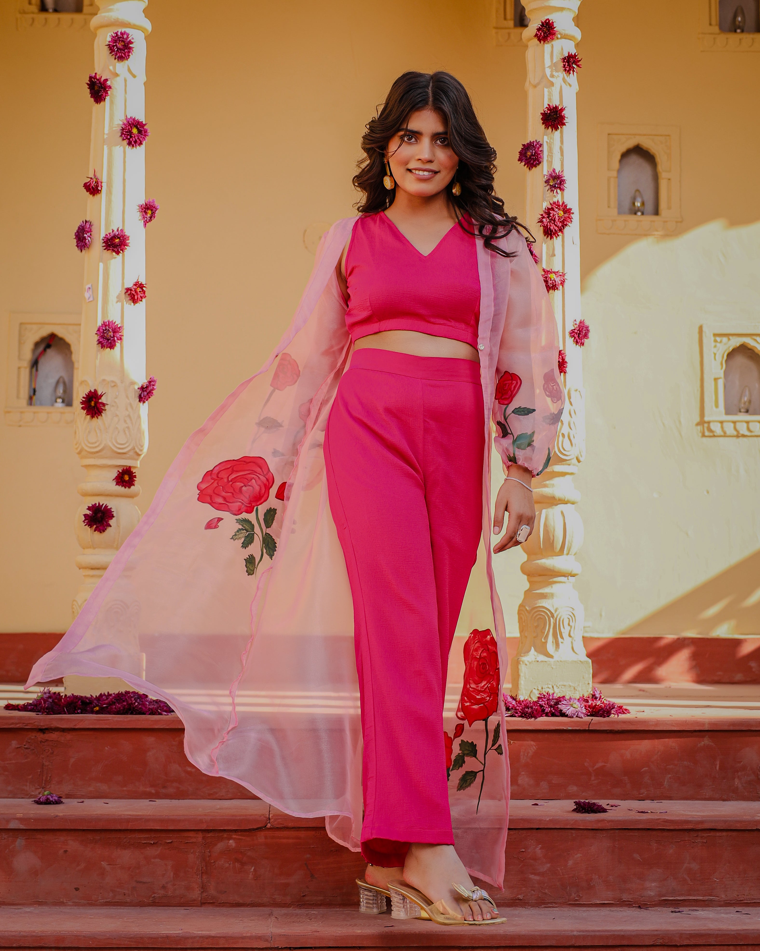 Mishika Pink Rose Handpainted 3 Piece