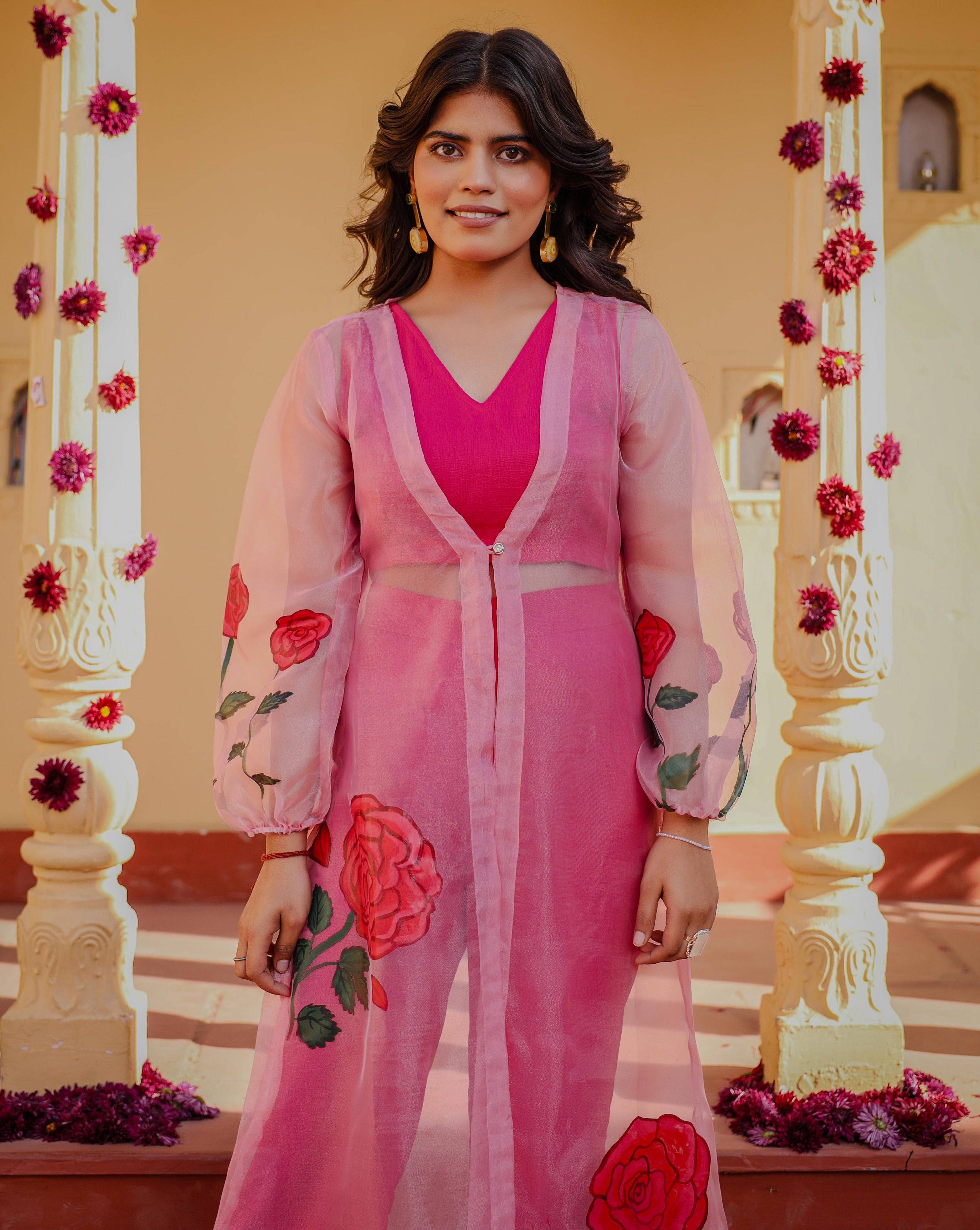 Mishika Pink Rose Handpainted 3 Piece