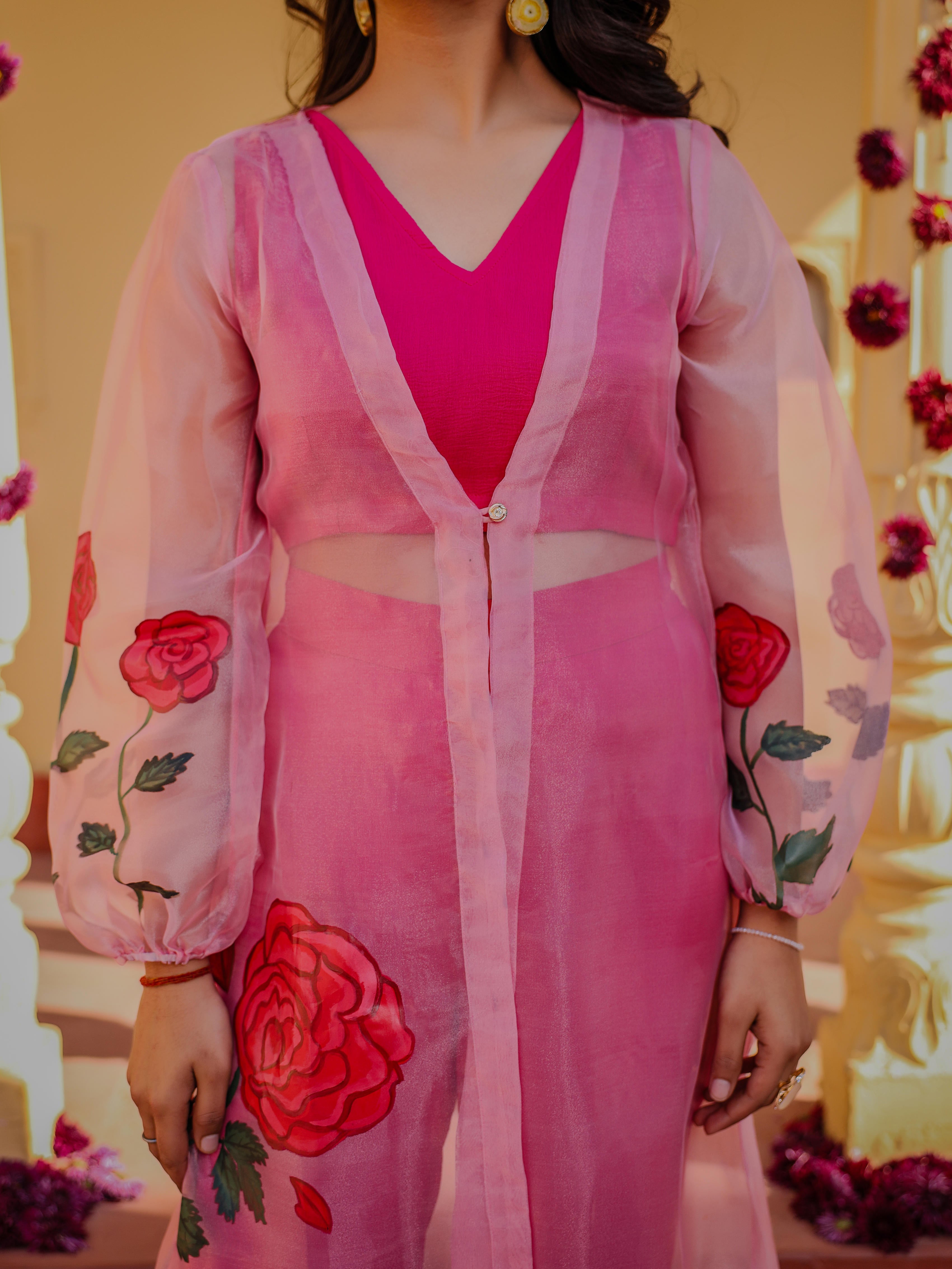 Mishika Pink Rose Handpainted 3 Piece