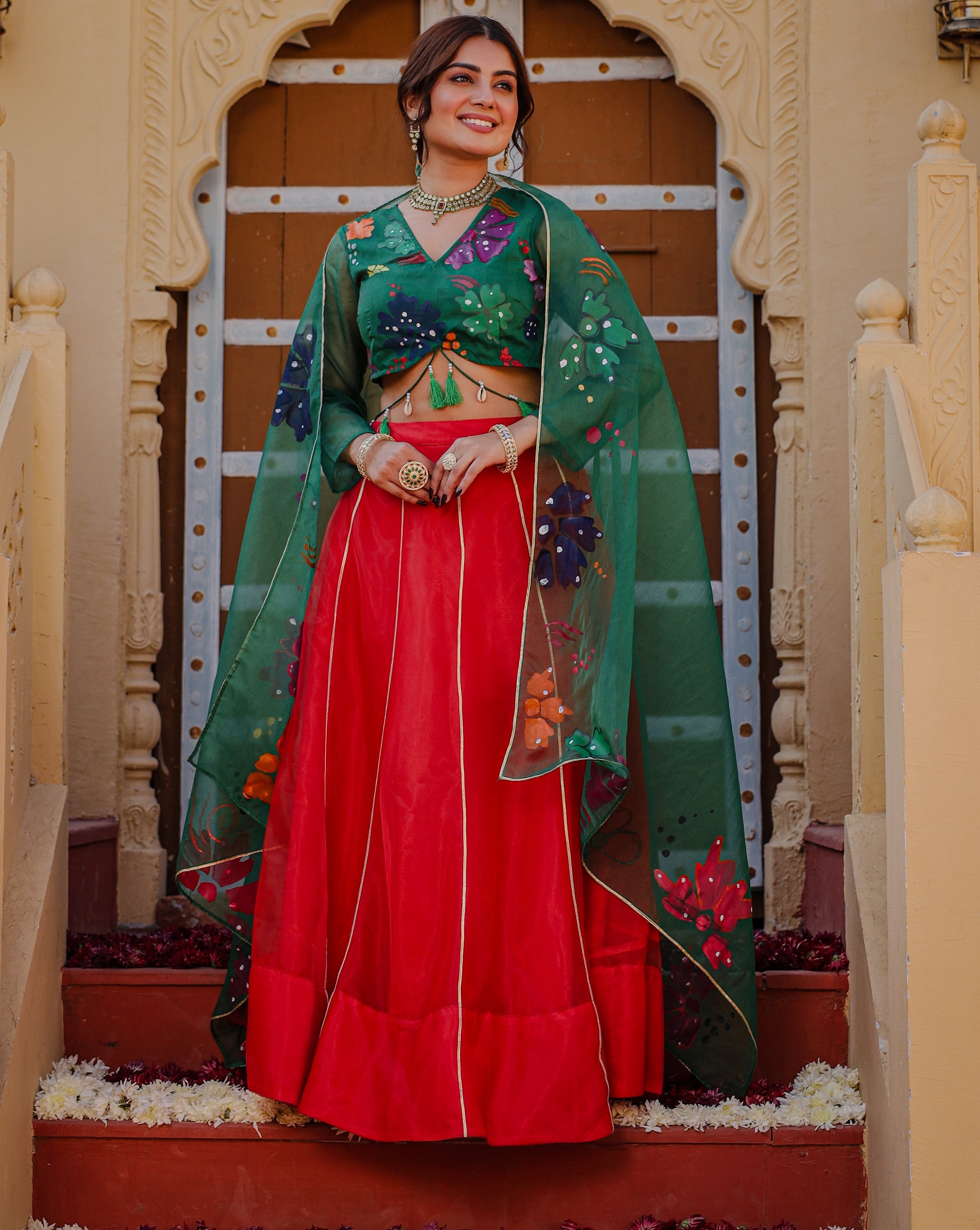 Lily Green Red Handpainted Lehenga Set