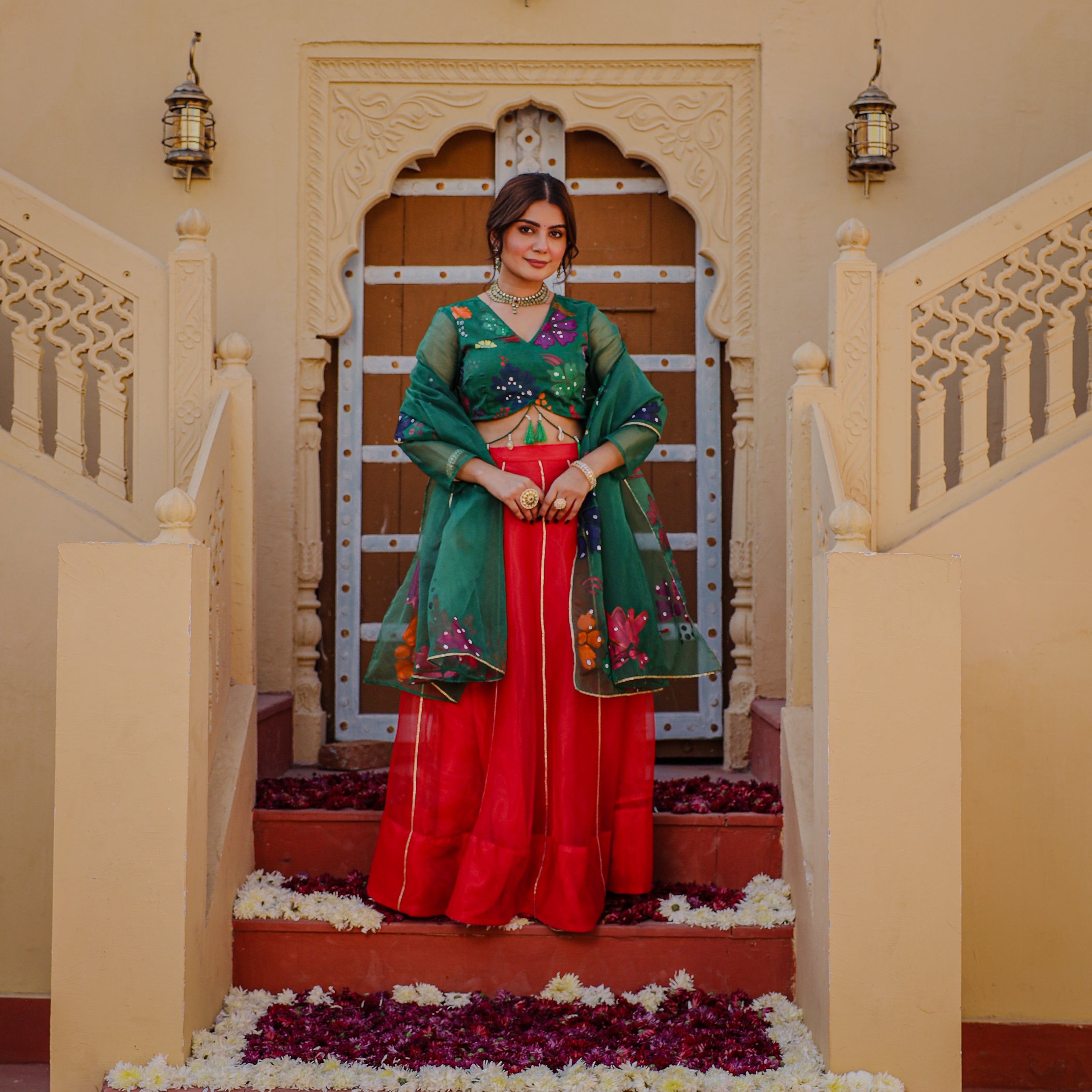 Lily Green Red Handpainted Lehenga Set