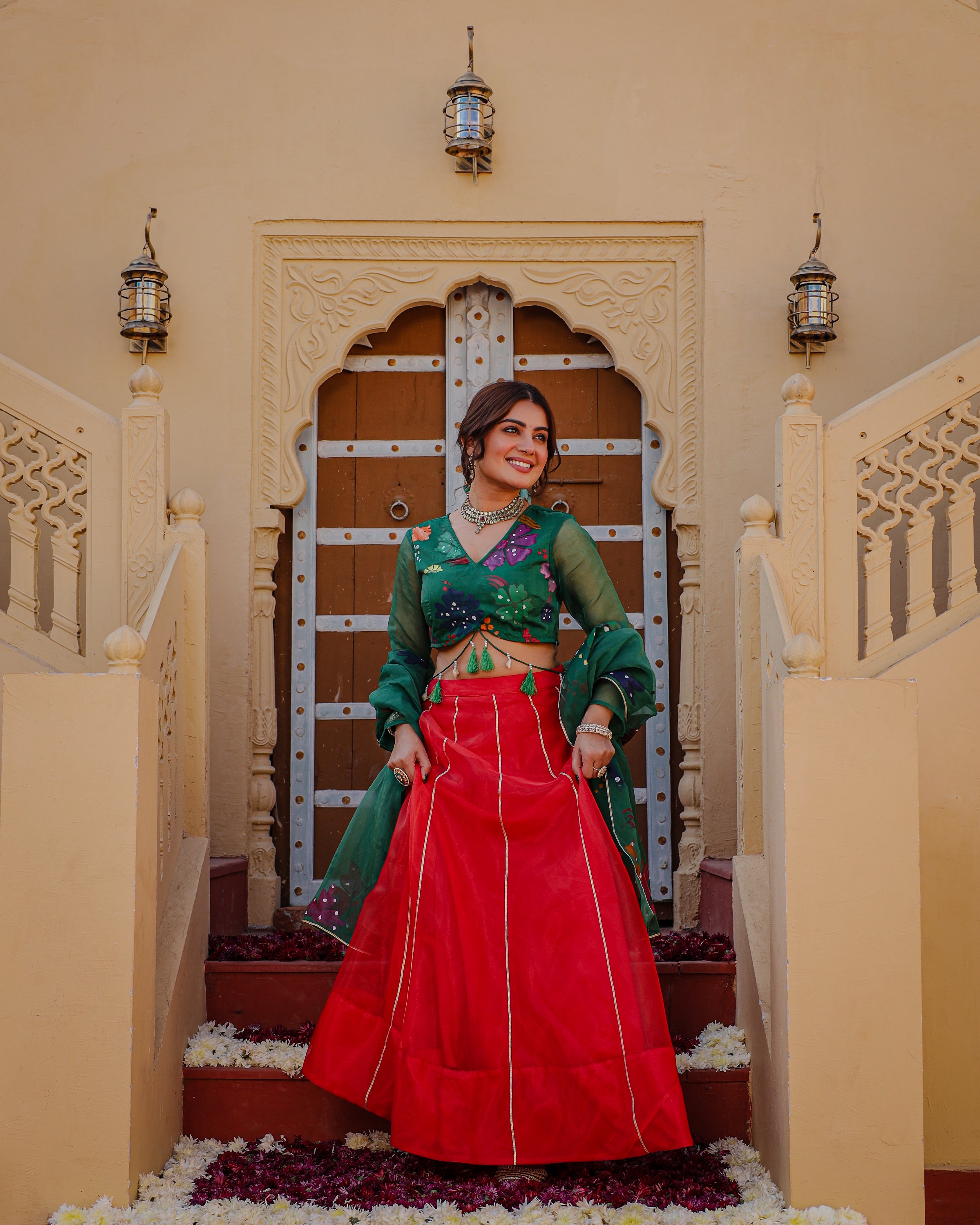 Lily Green Red Handpainted Lehenga Set