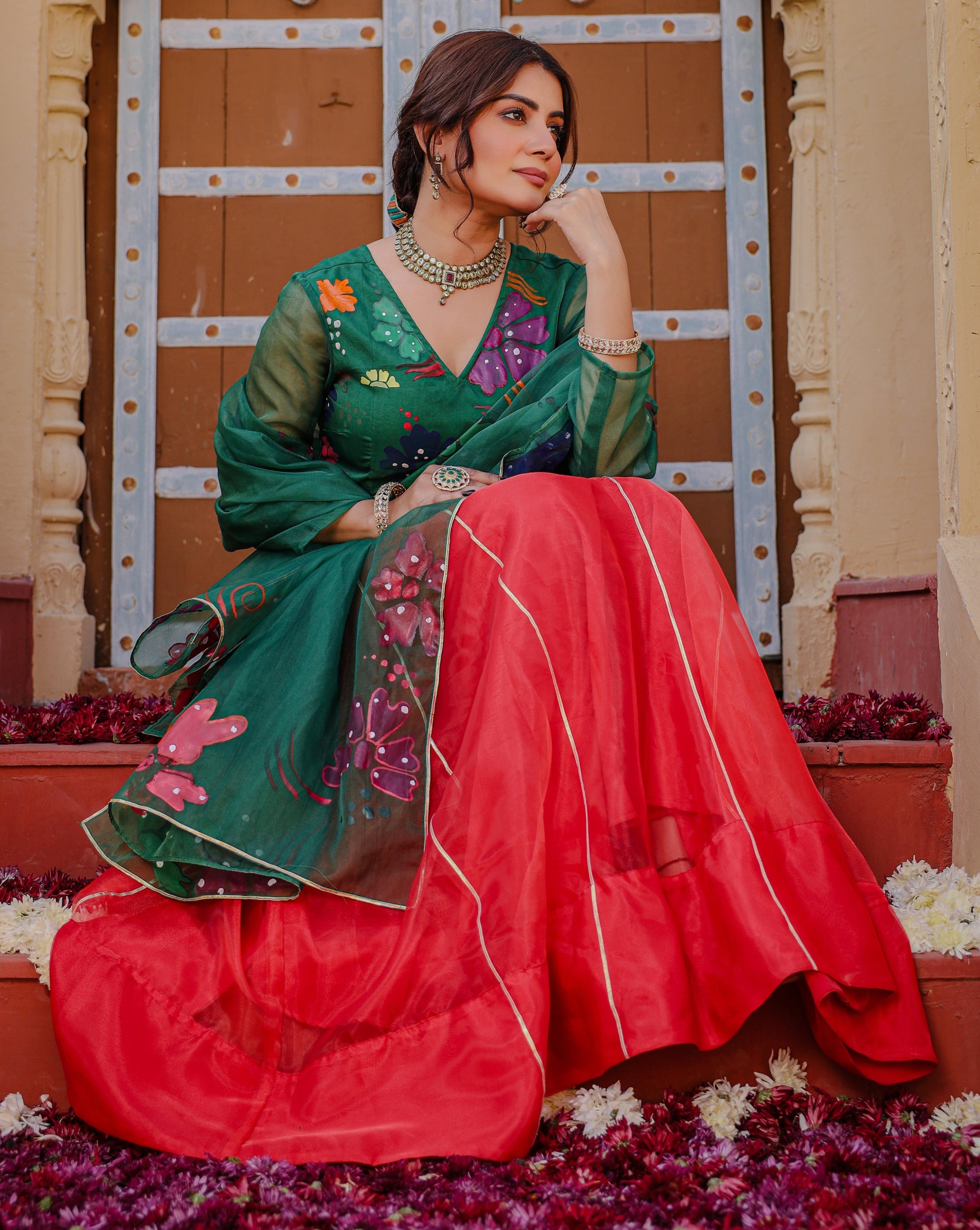 Lily Green Red Handpainted Lehenga Set