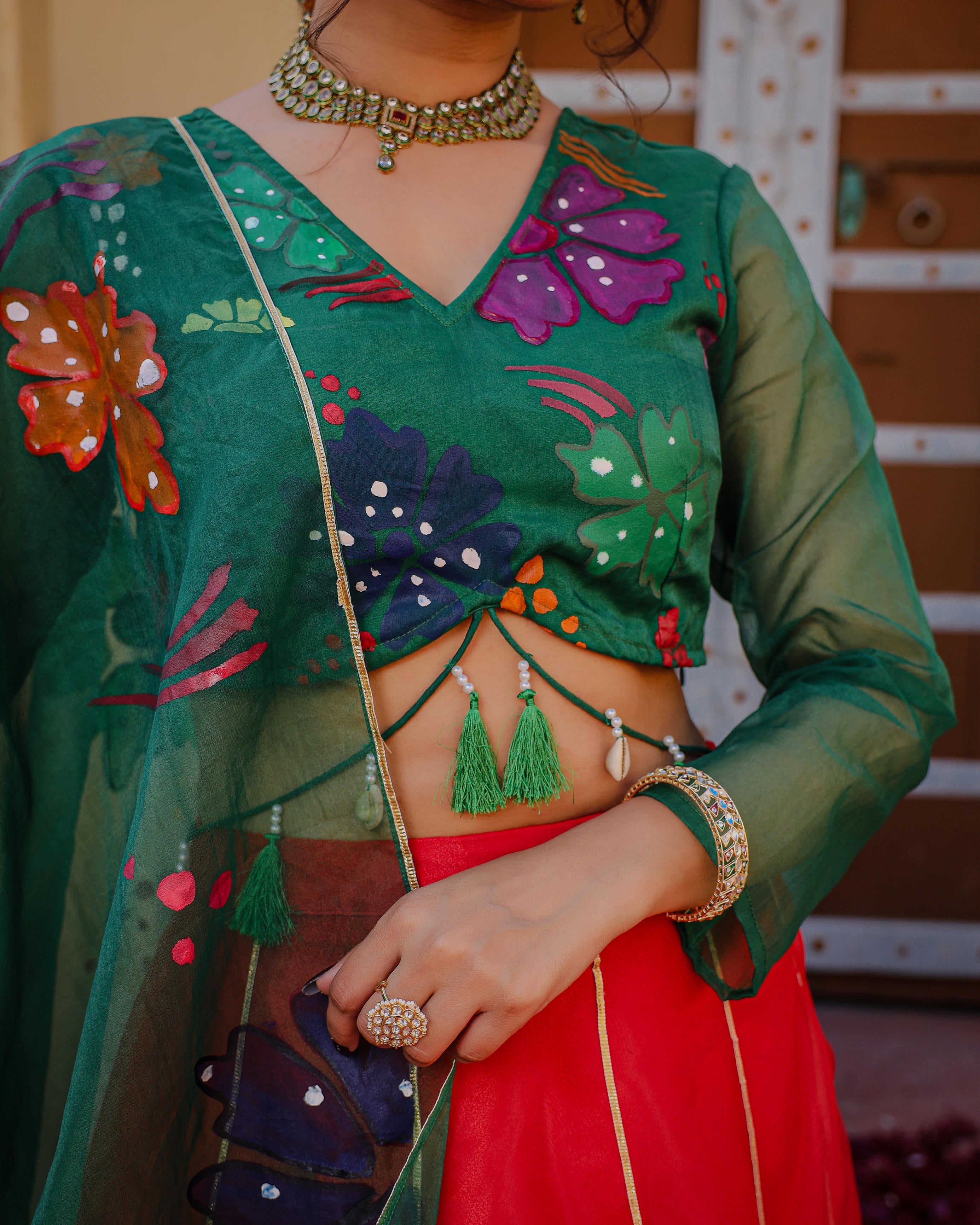 Lily Green Red Handpainted Lehenga Set