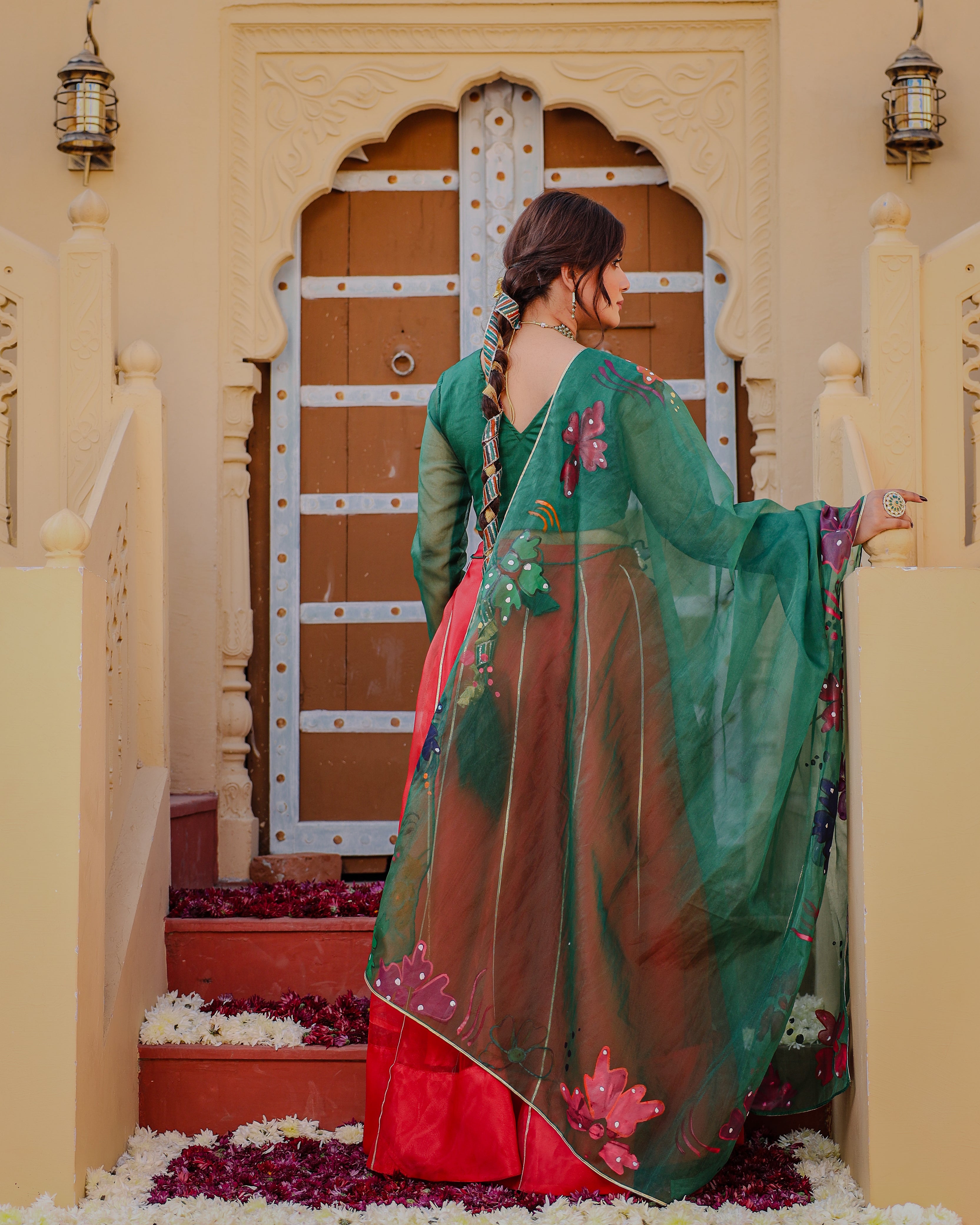 Lily Green Red Handpainted Lehenga Set