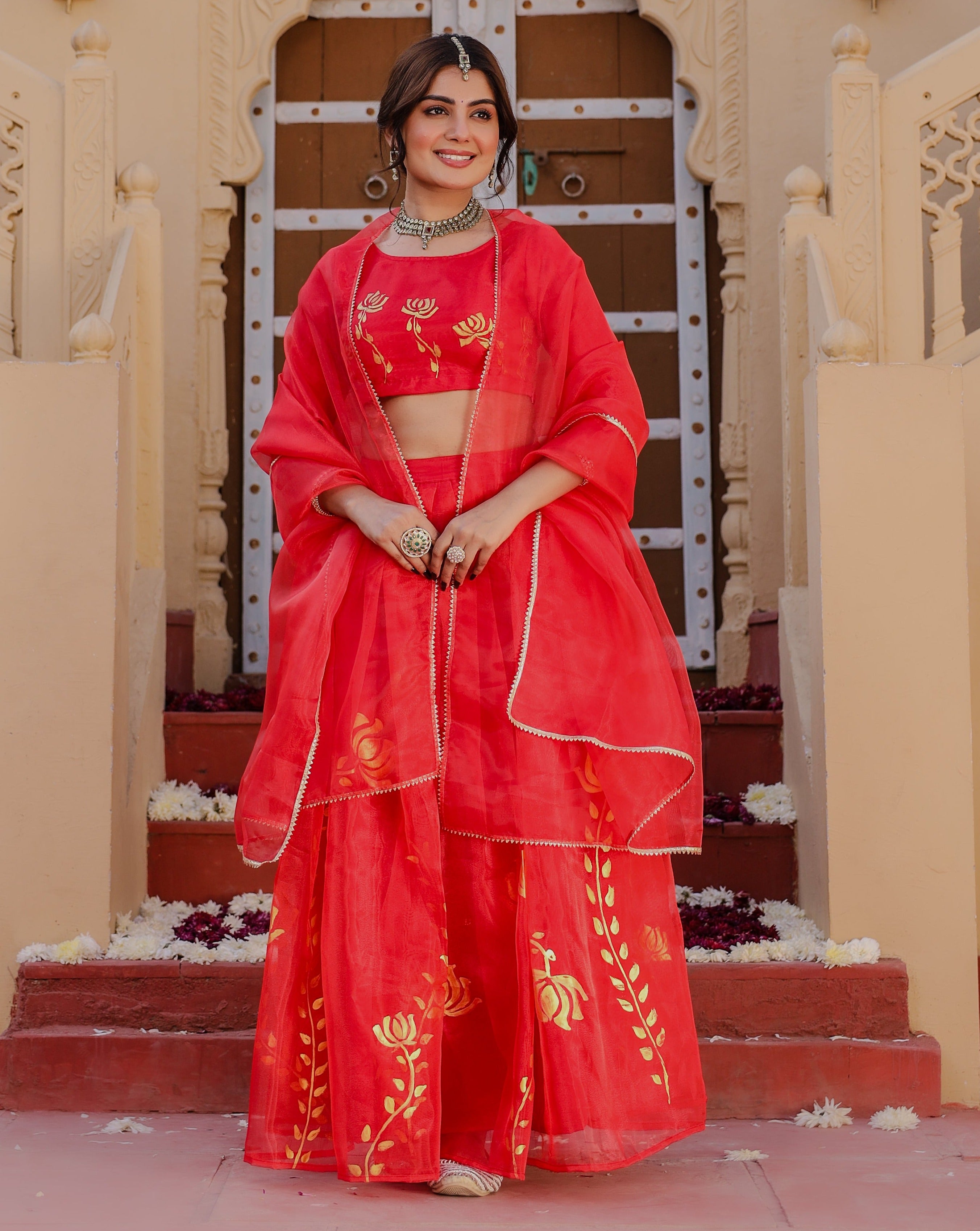 Red Lotus Handpainted Lehenga Set