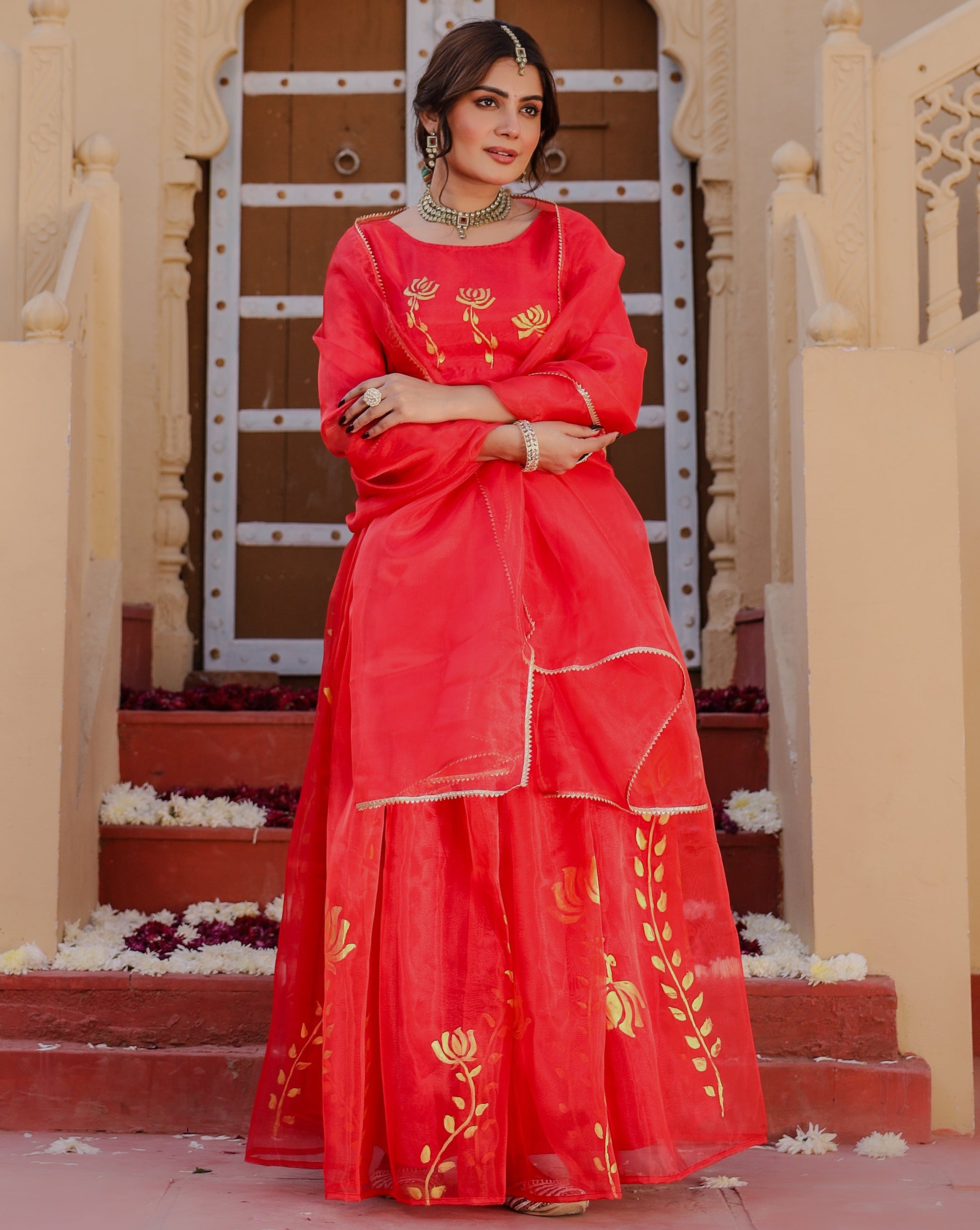 Red Lotus Handpainted Lehenga Set