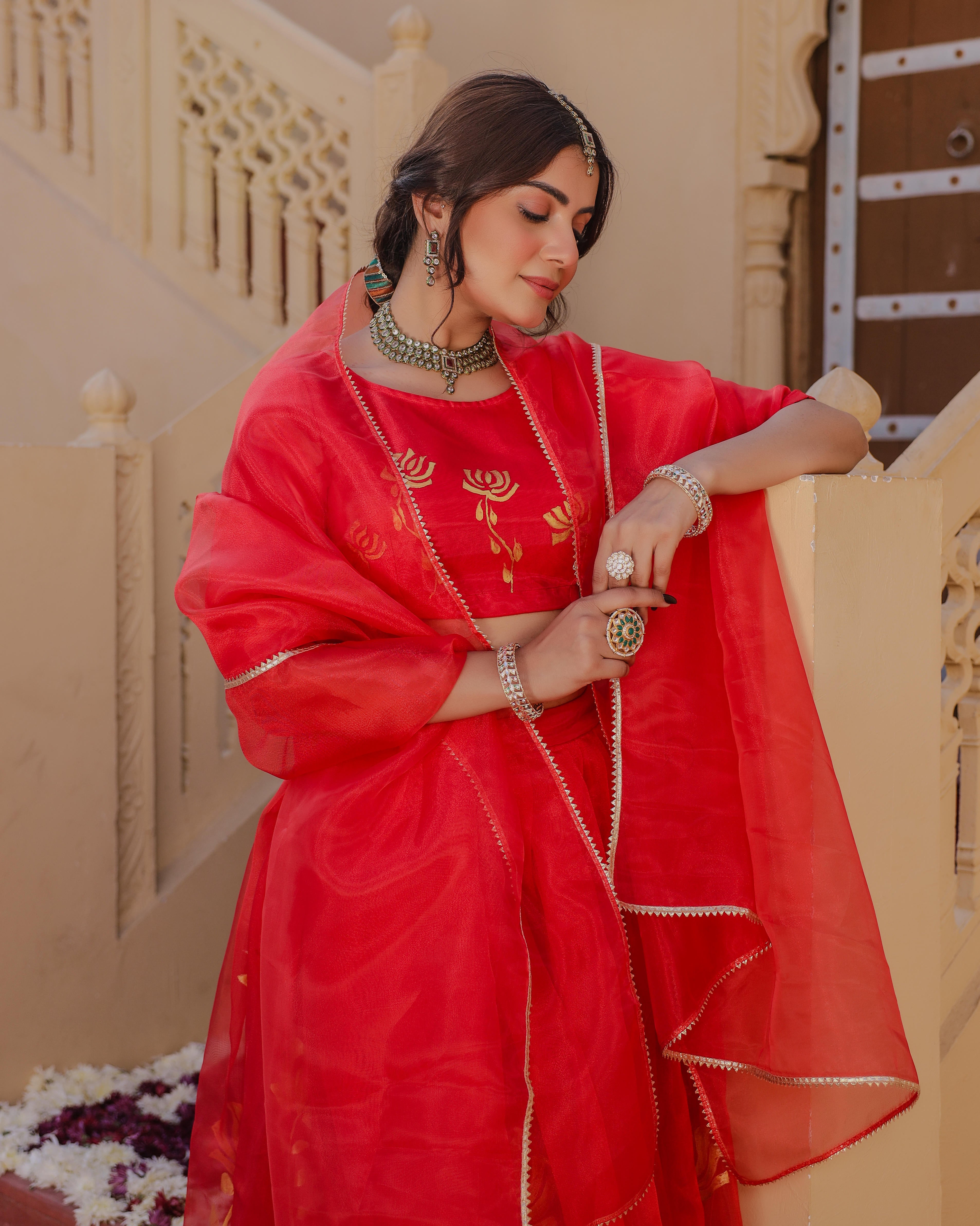 Red Lotus Handpainted Lehenga Set
