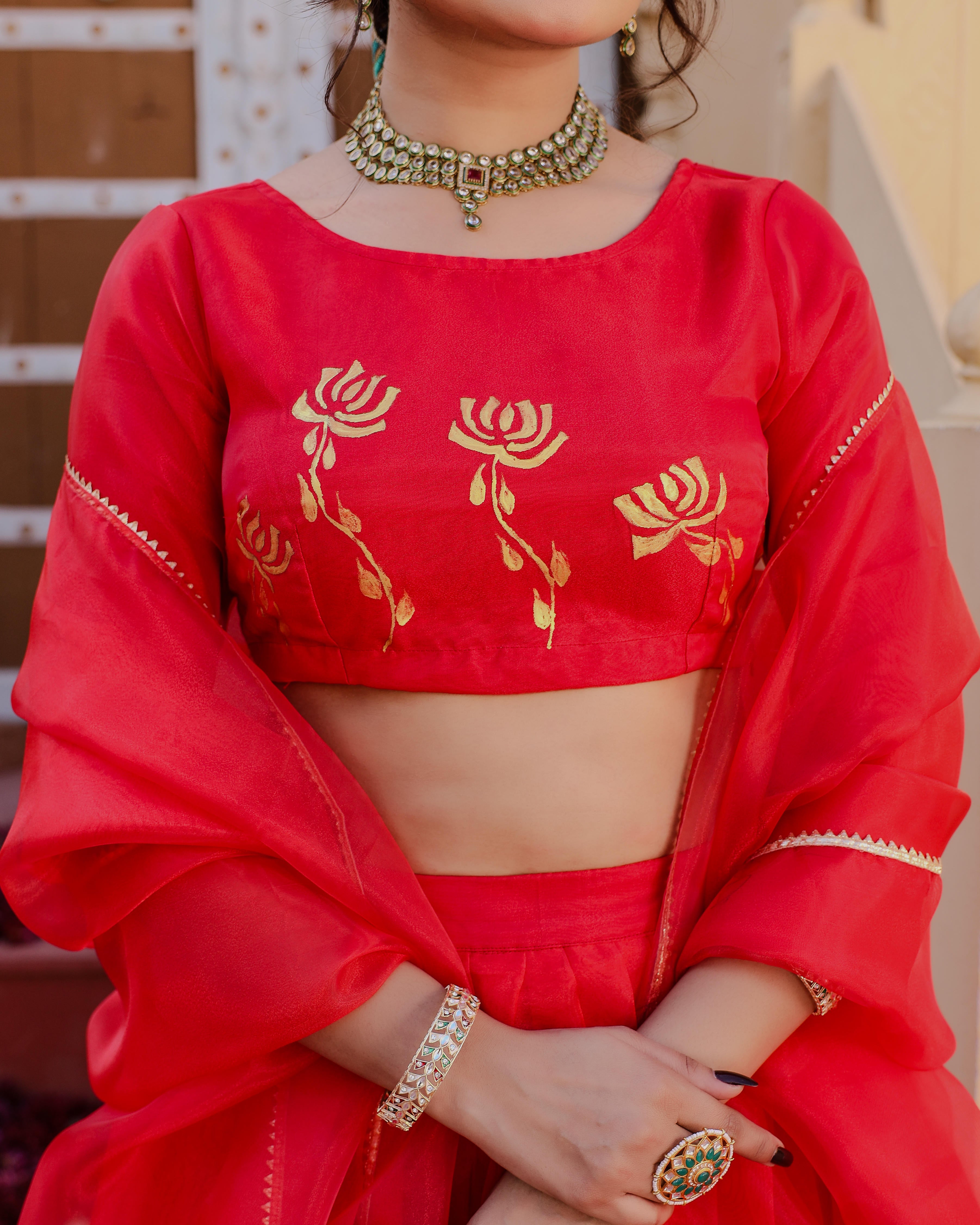 Red Lotus Handpainted Lehenga Set