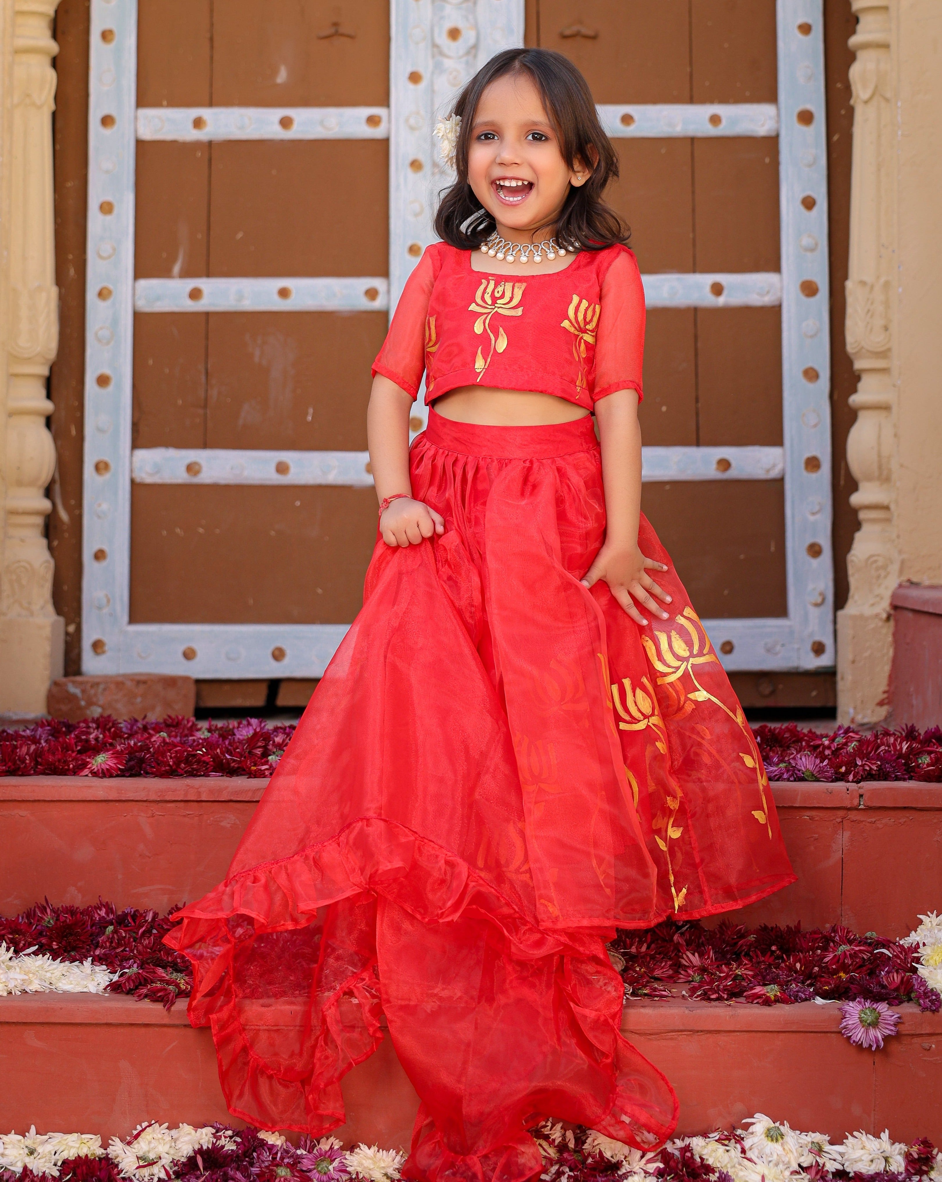 Kids Lotus Red Organza Lehanga Set