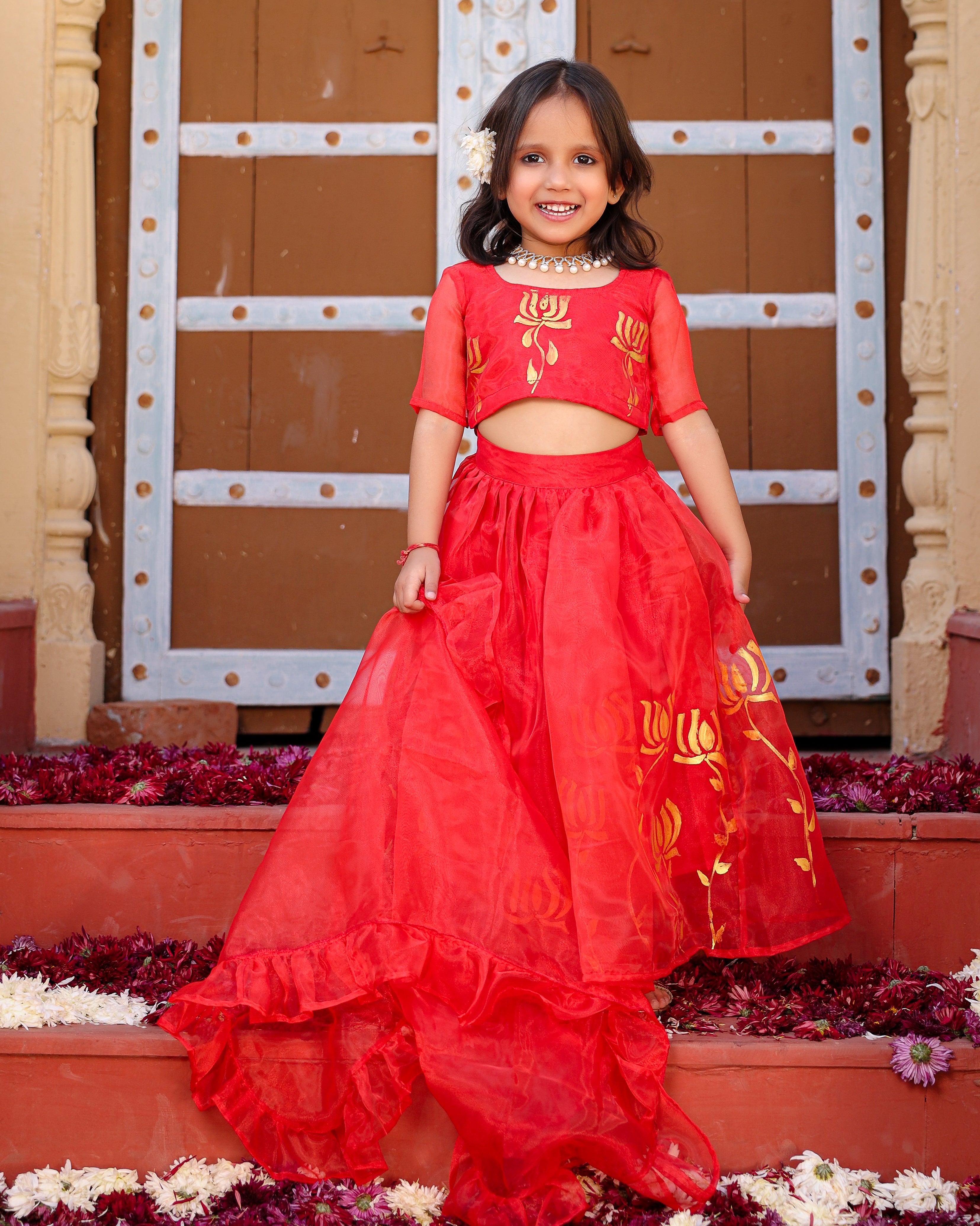 Kids Lotus Red Organza Lehanga Set