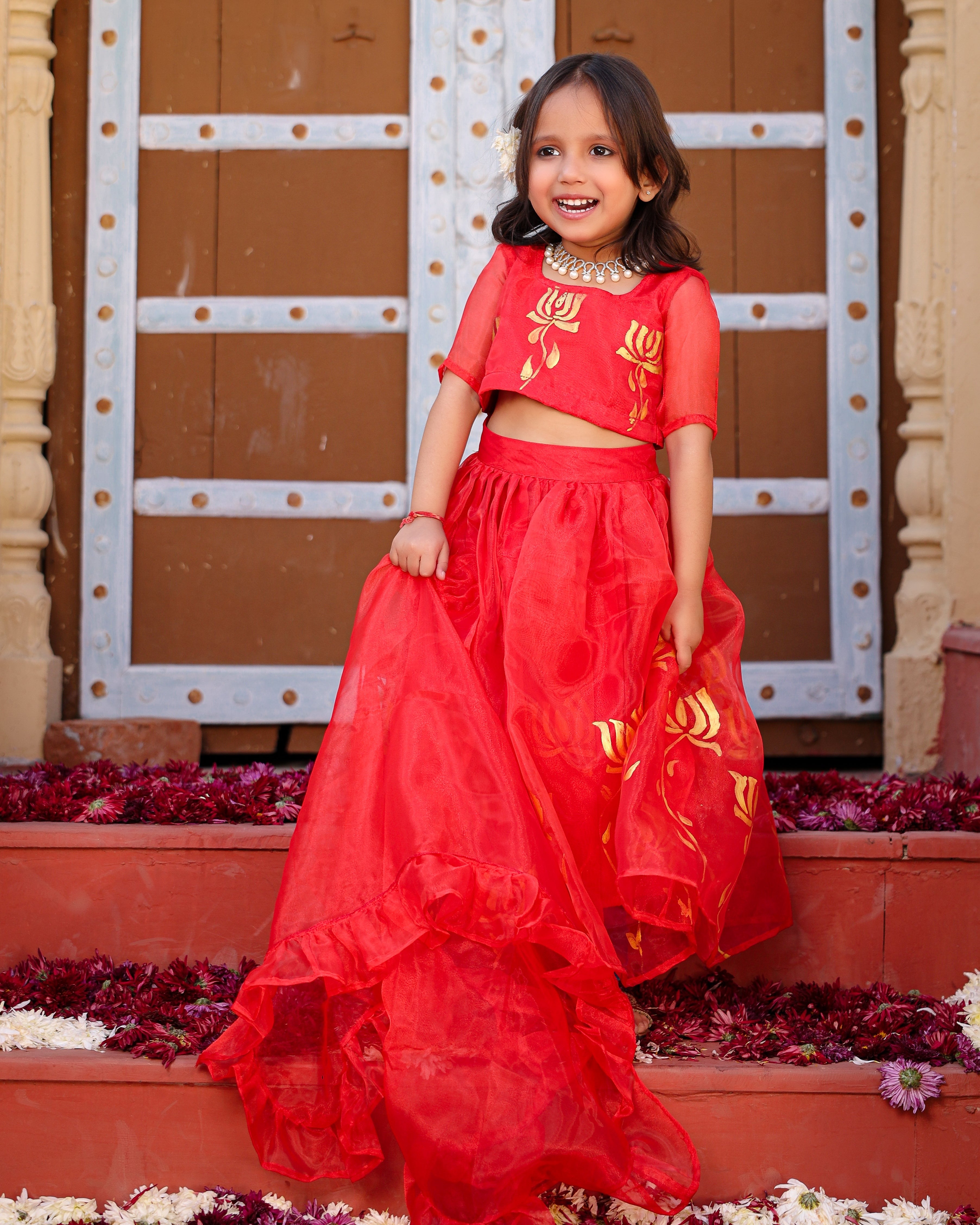 Kids Lotus Red Organza Lehanga Set