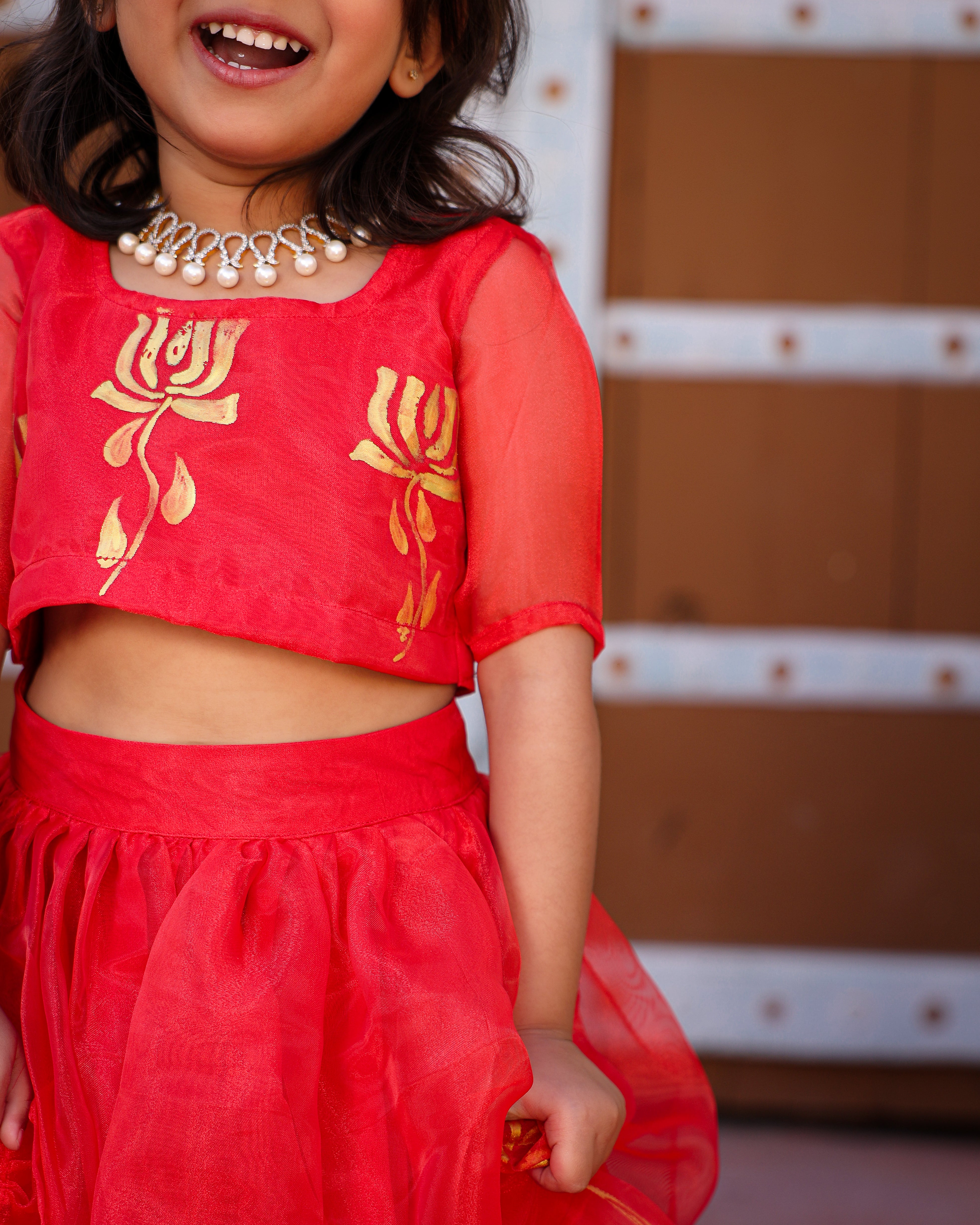 Kids Lotus Red Organza Lehanga Set