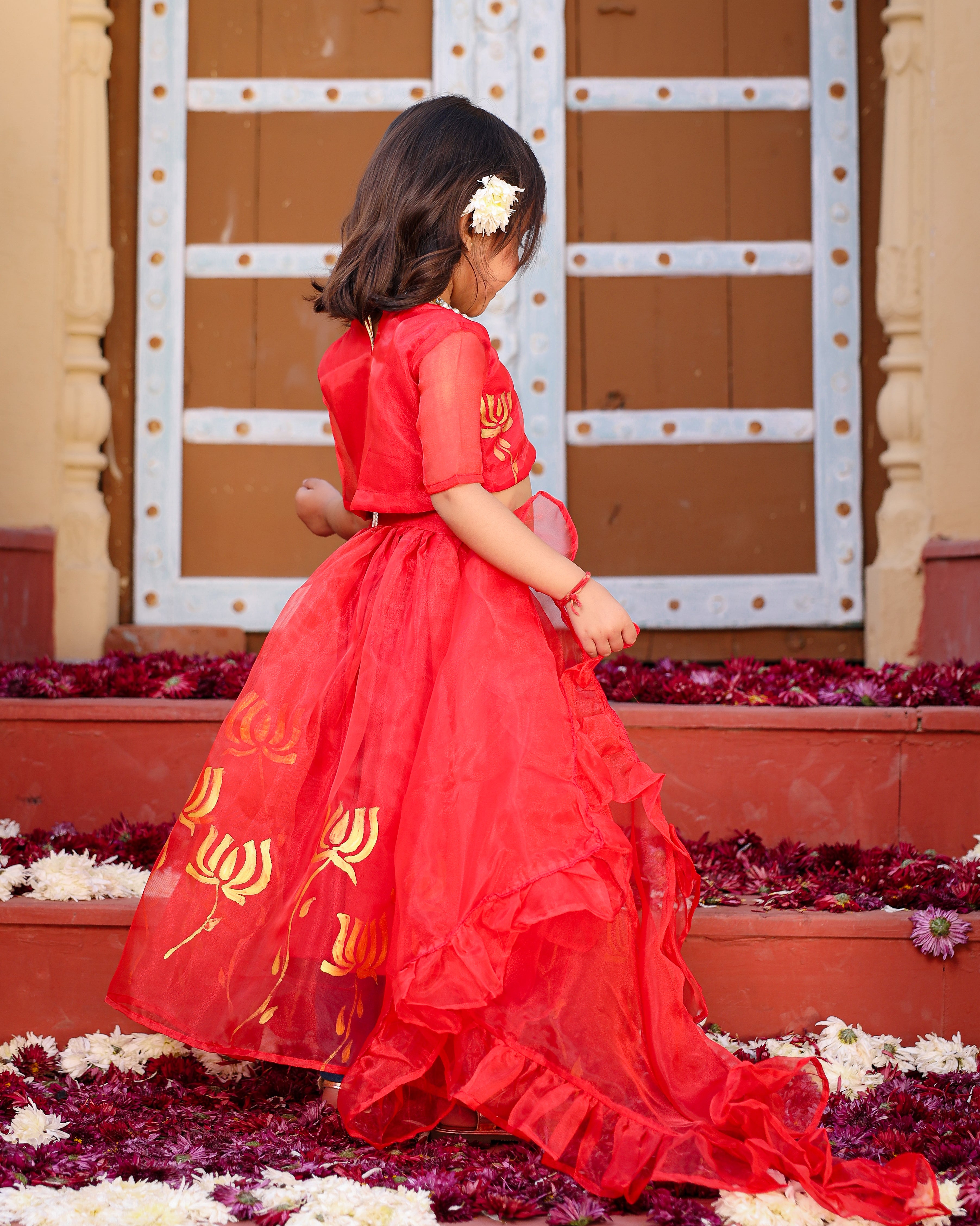 Kids Lotus Red Organza Lehanga Set
