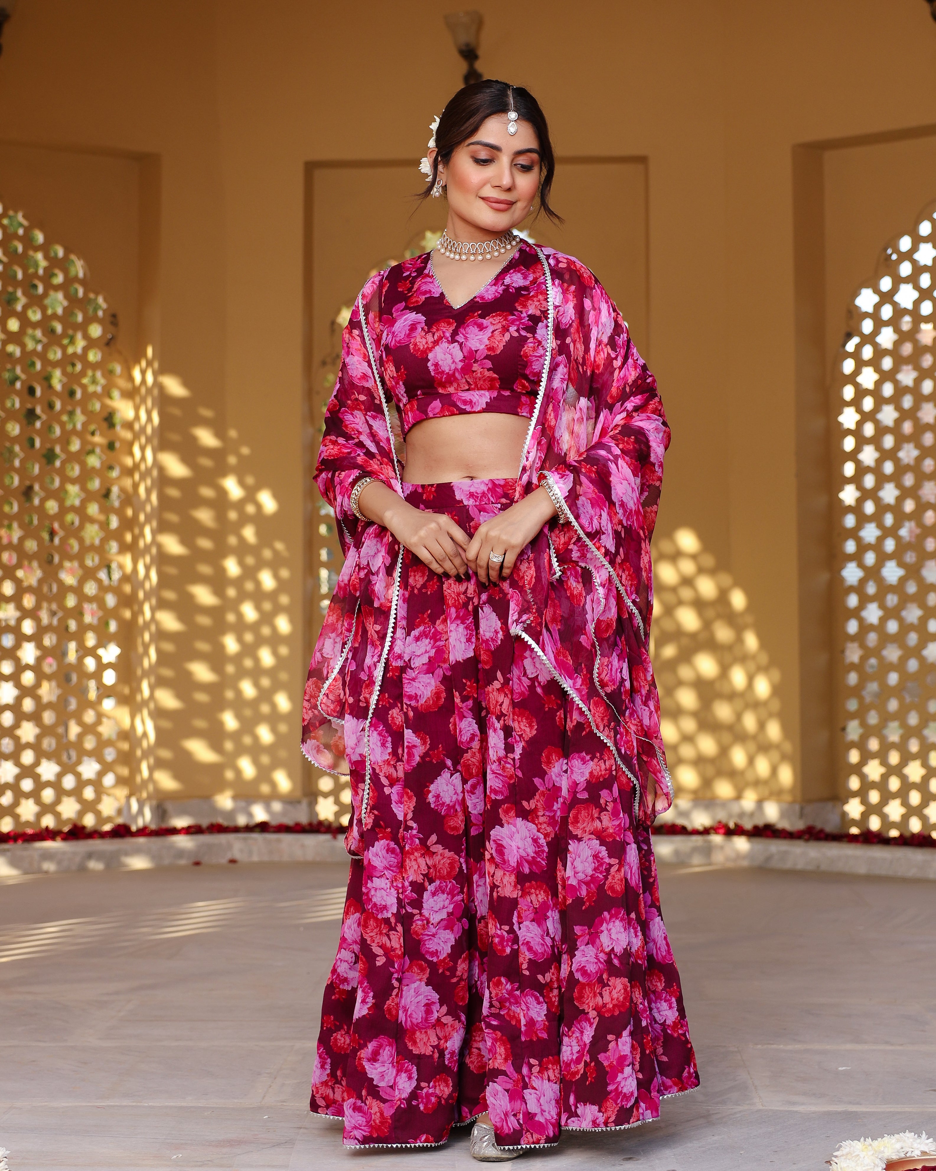 Wine Floral Printed Lehenga Set