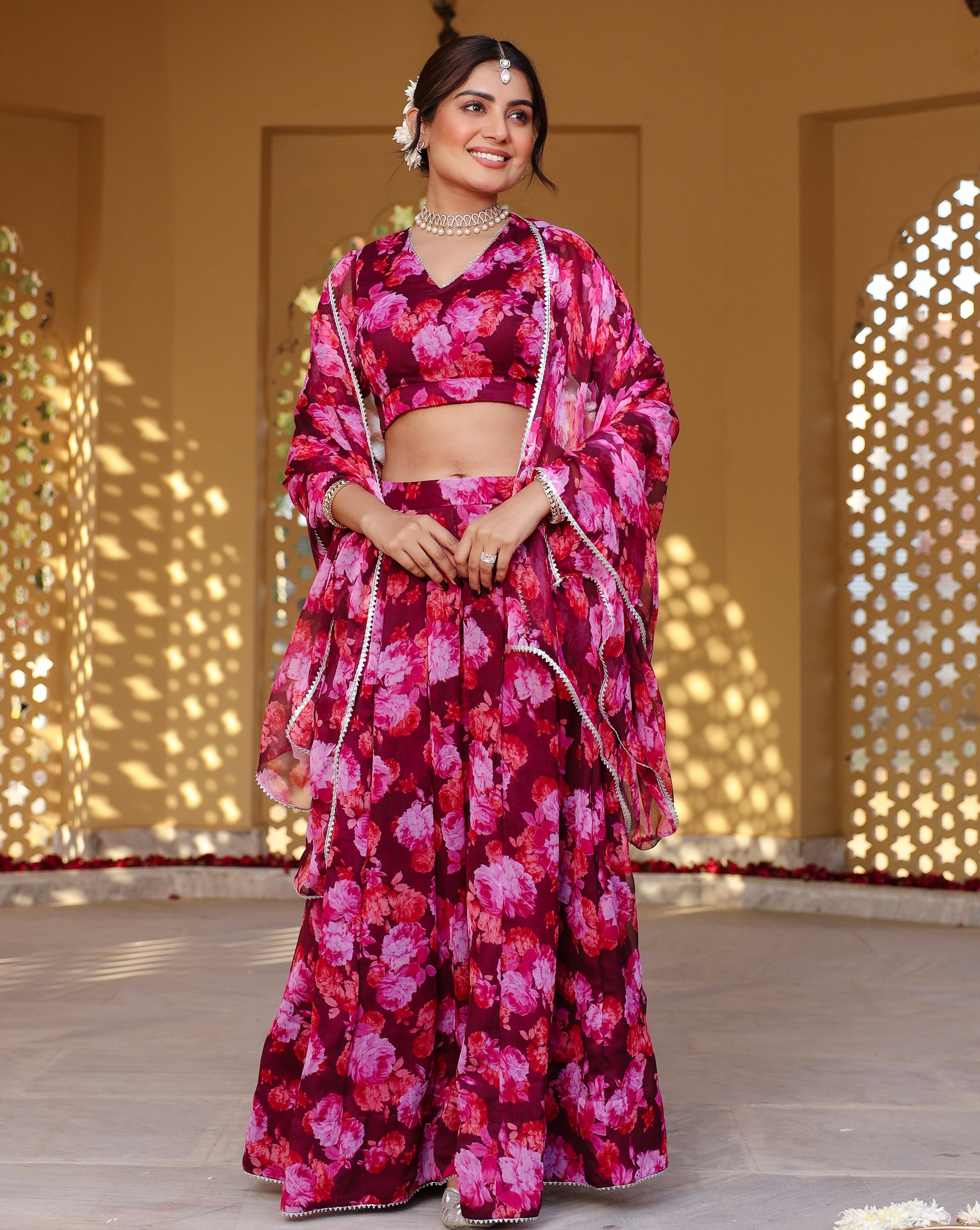 Wine Floral Printed Lehenga Set