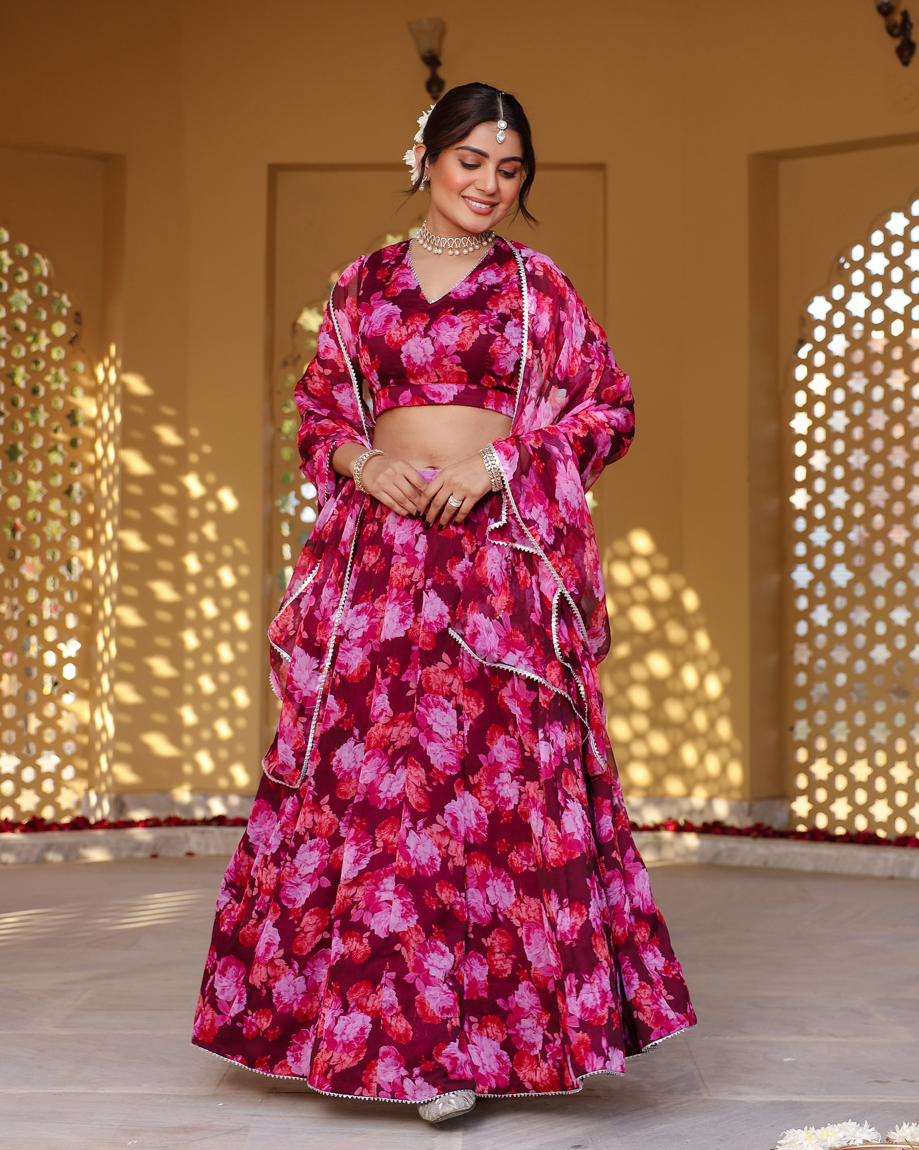 Wine Floral Printed Lehenga Set