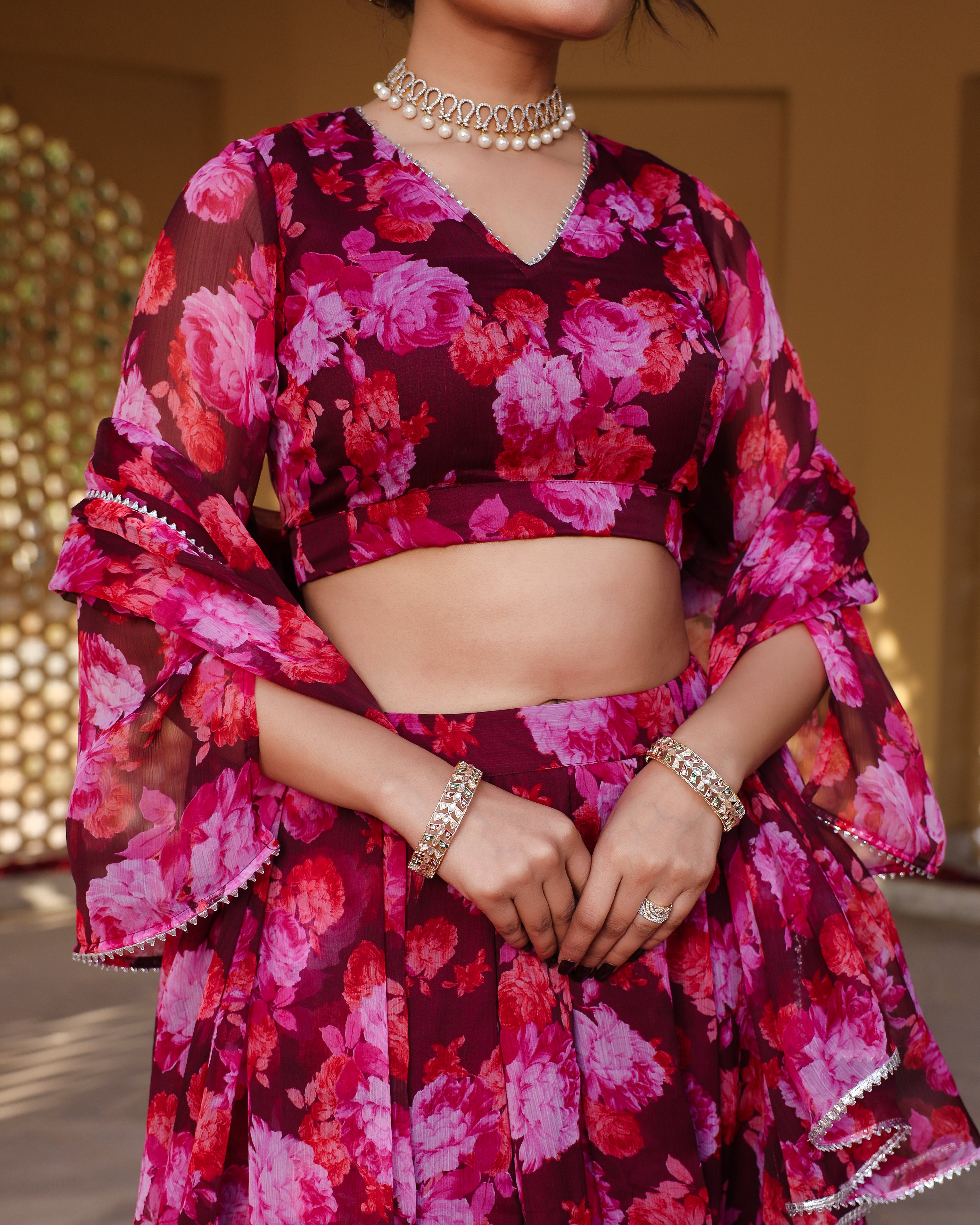 Wine Floral Printed Lehenga Set