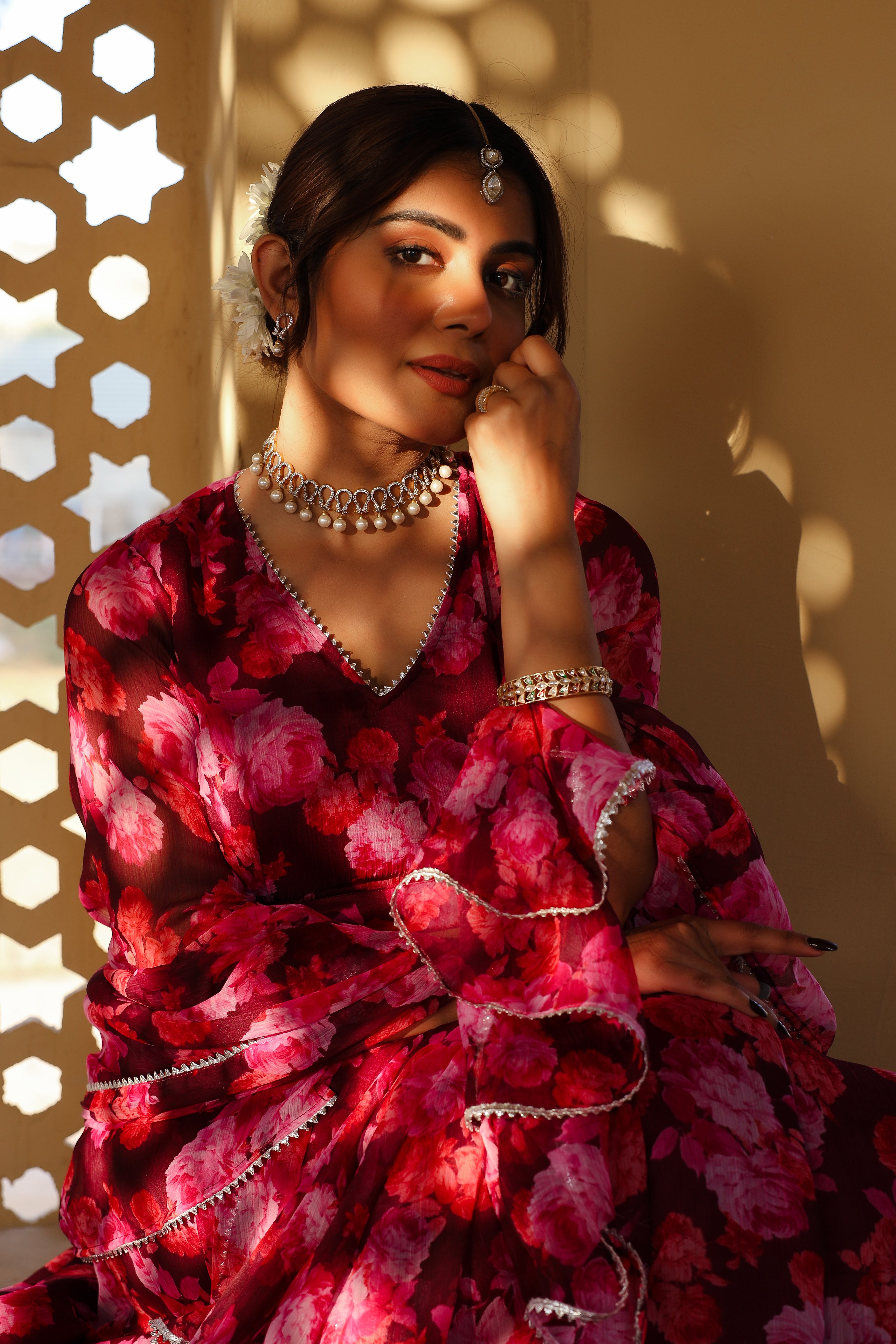 Wine Floral Printed Lehenga Set