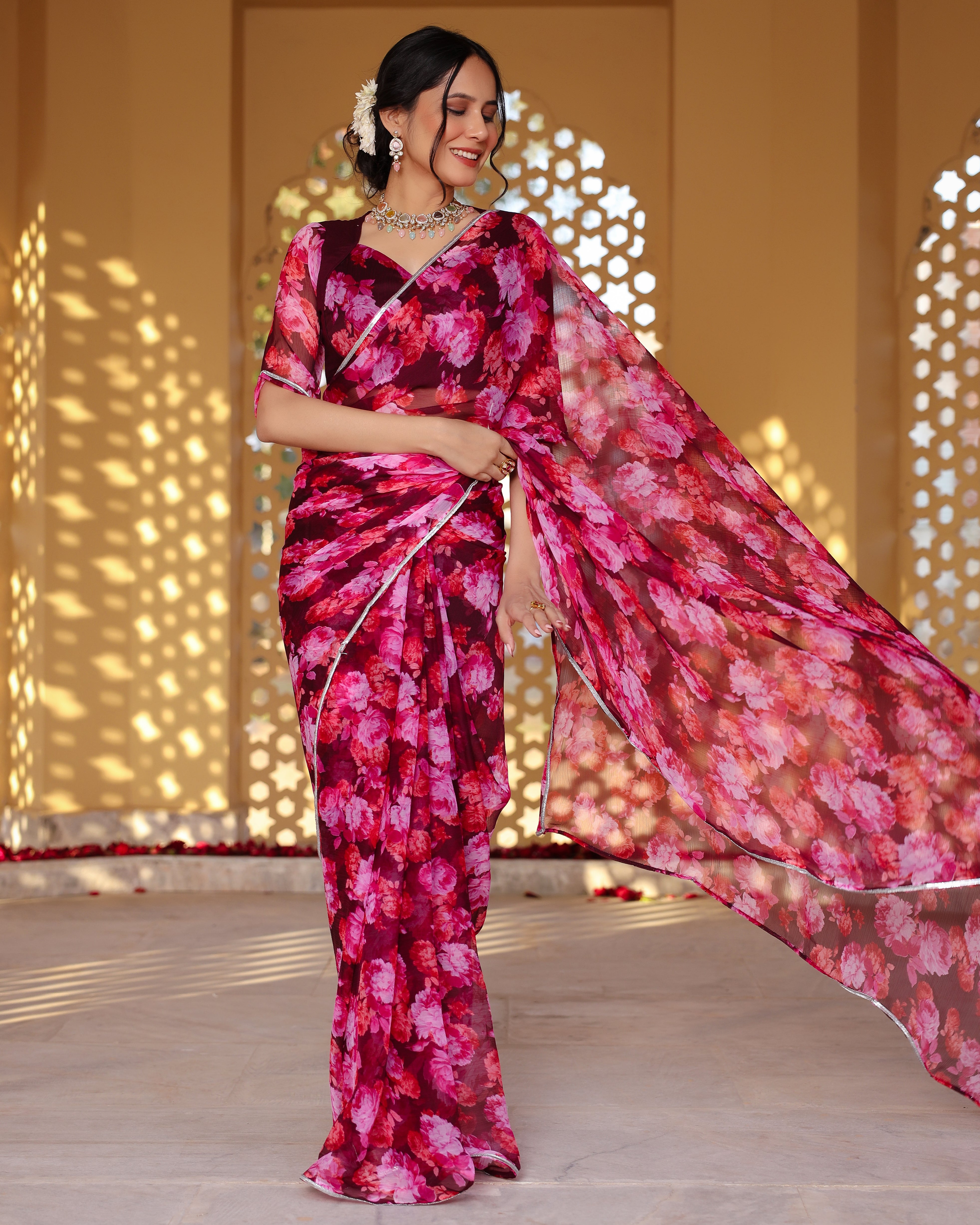Wine Floral Printed Saree