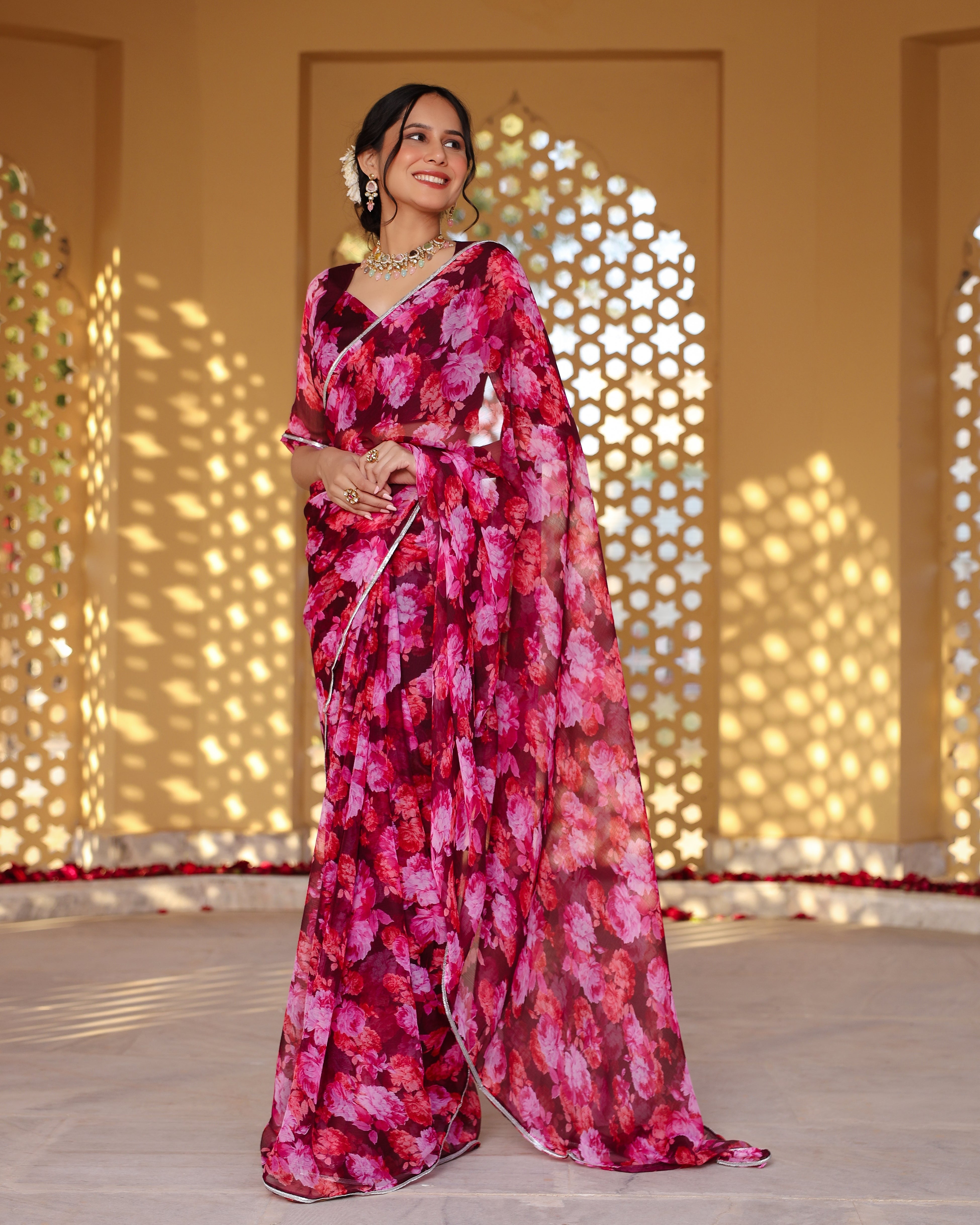 Wine Floral Printed Saree