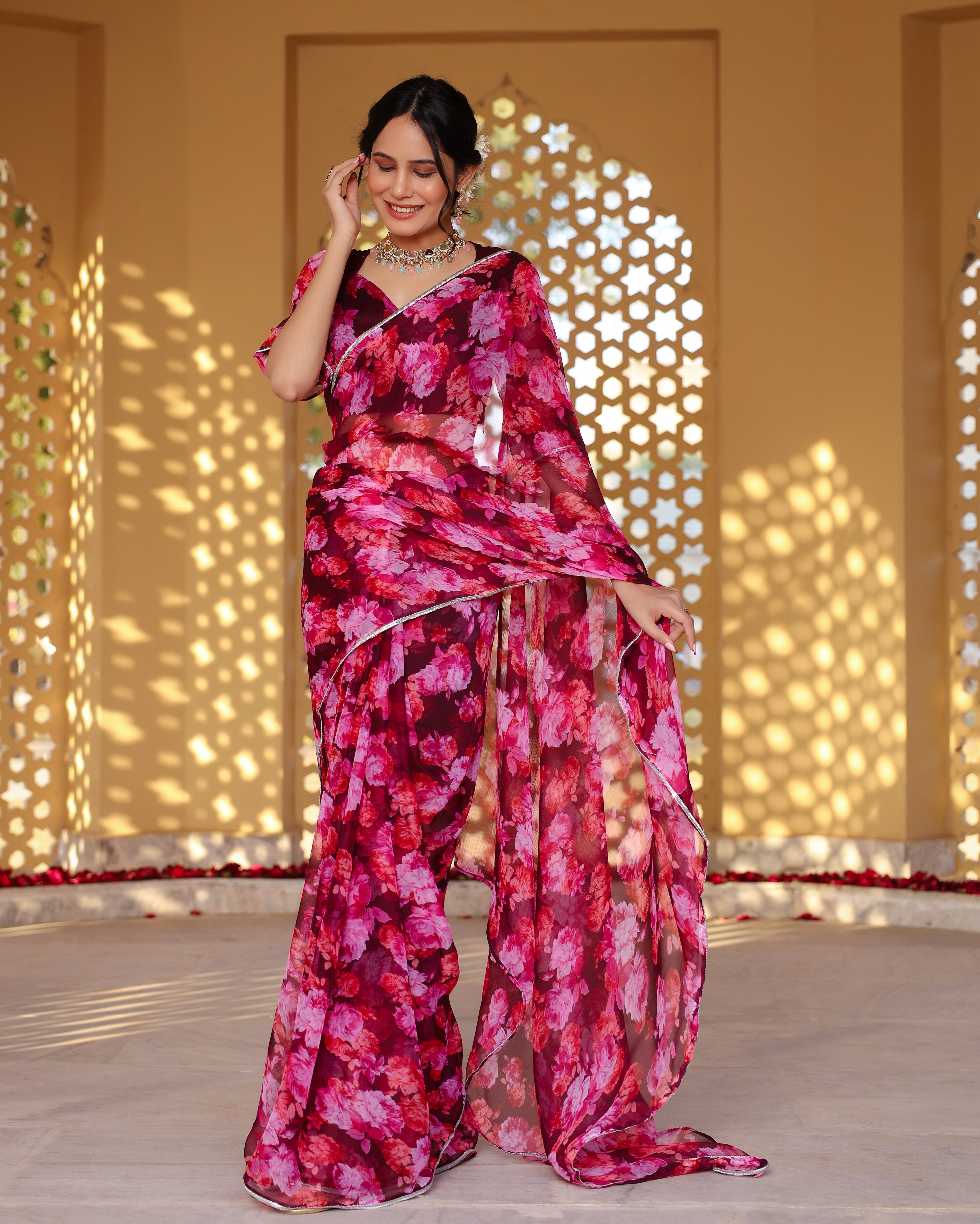 Wine Floral Printed Saree