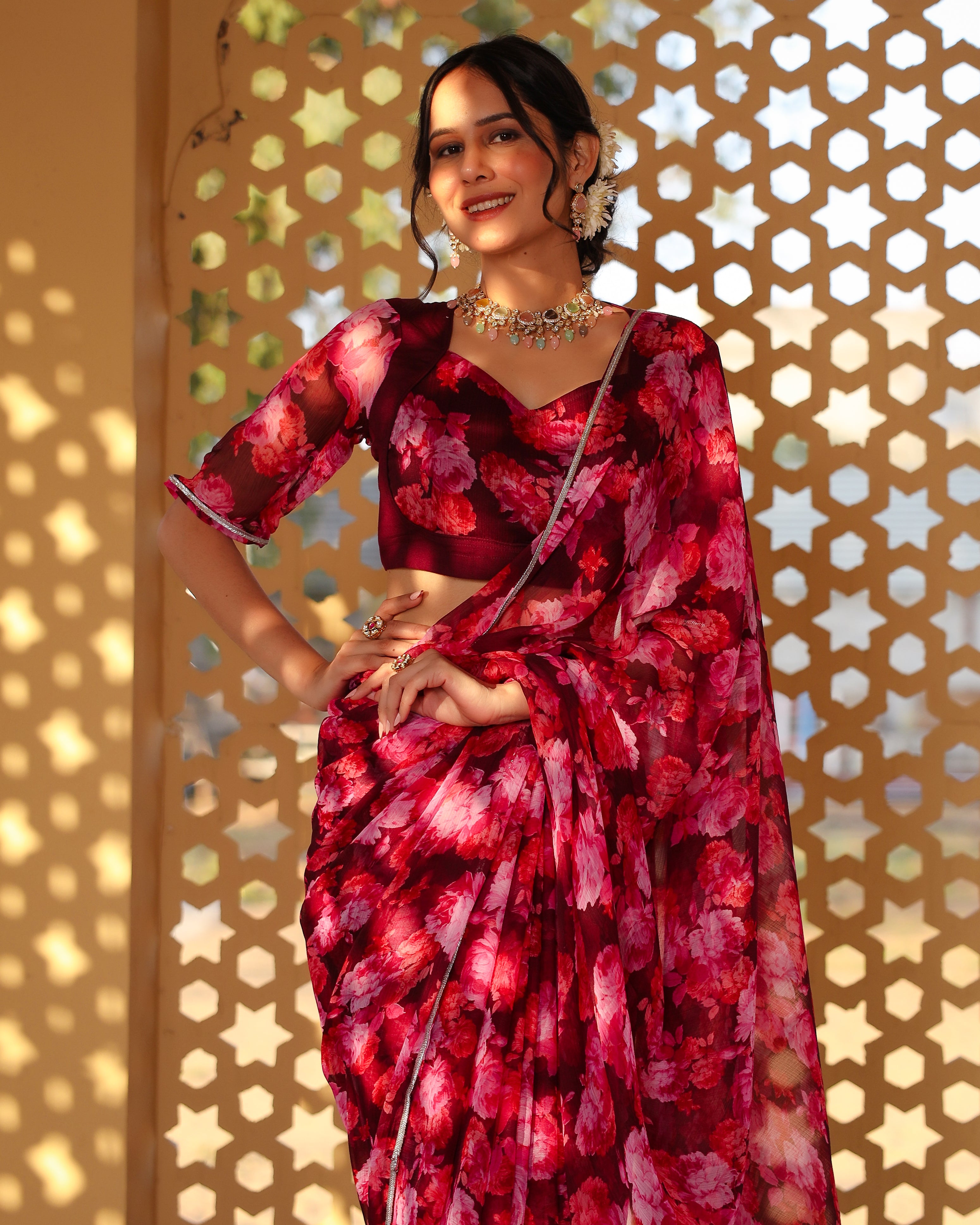 Wine Floral Printed Saree