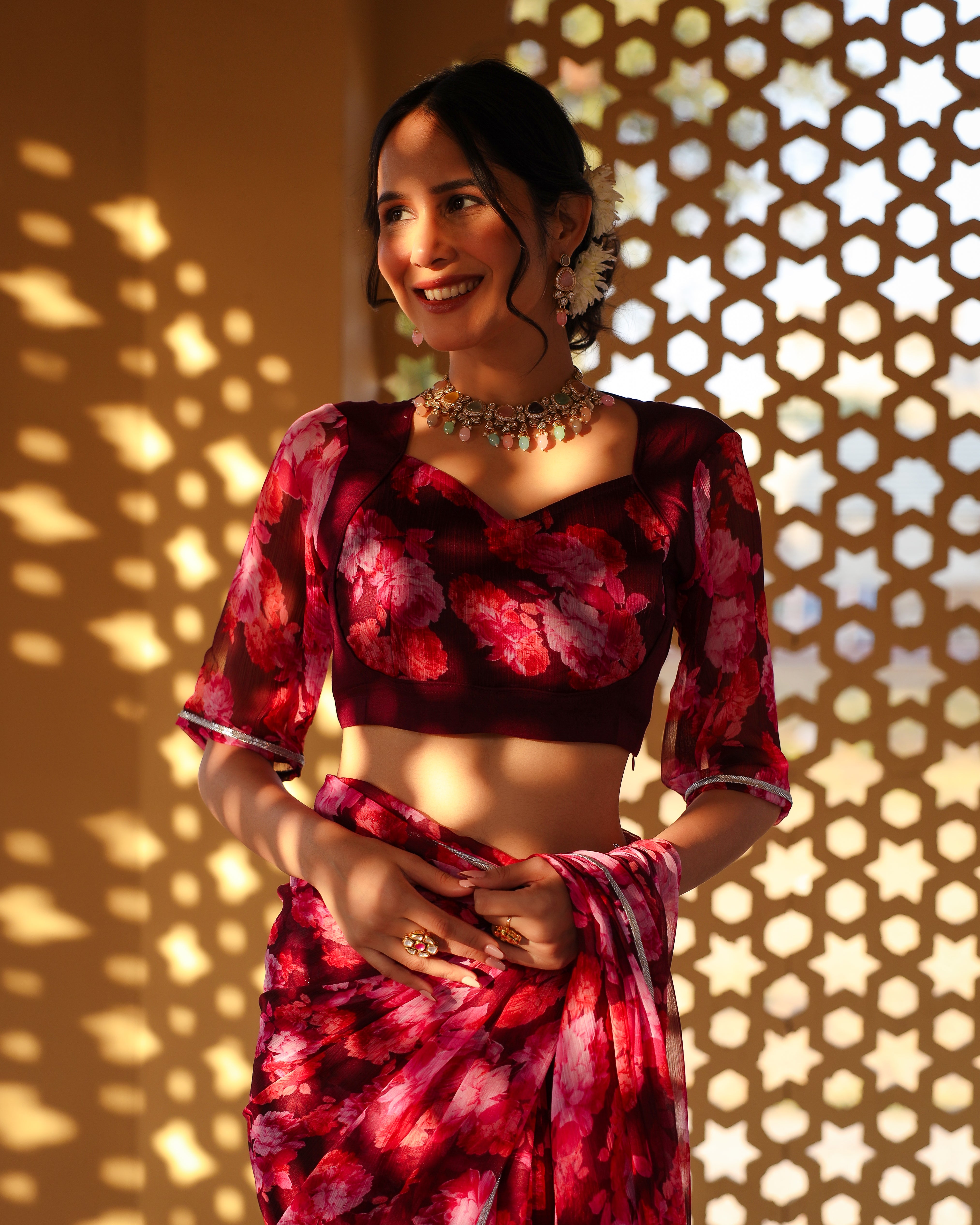 Wine Floral Printed Saree