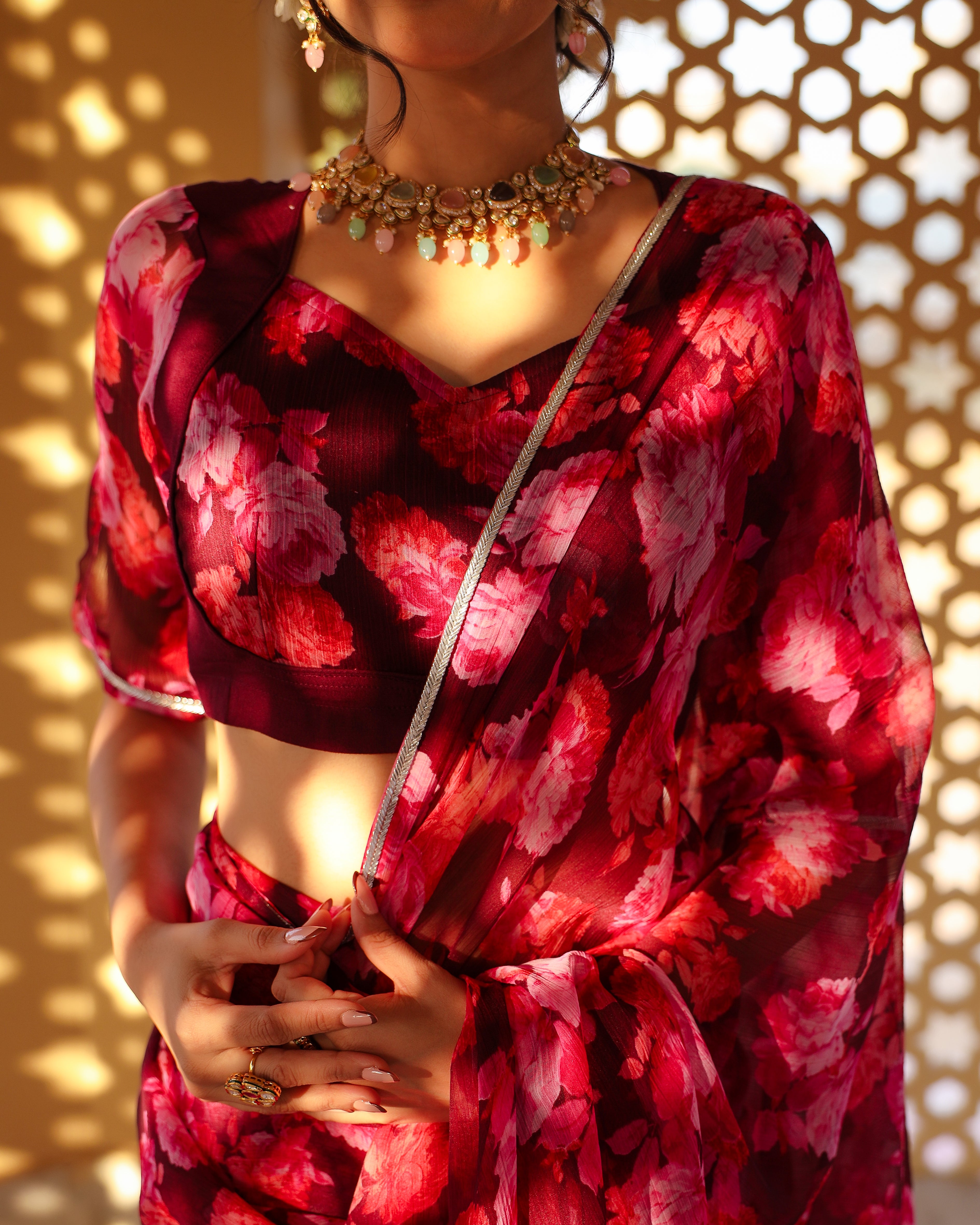 Wine Floral Printed Saree