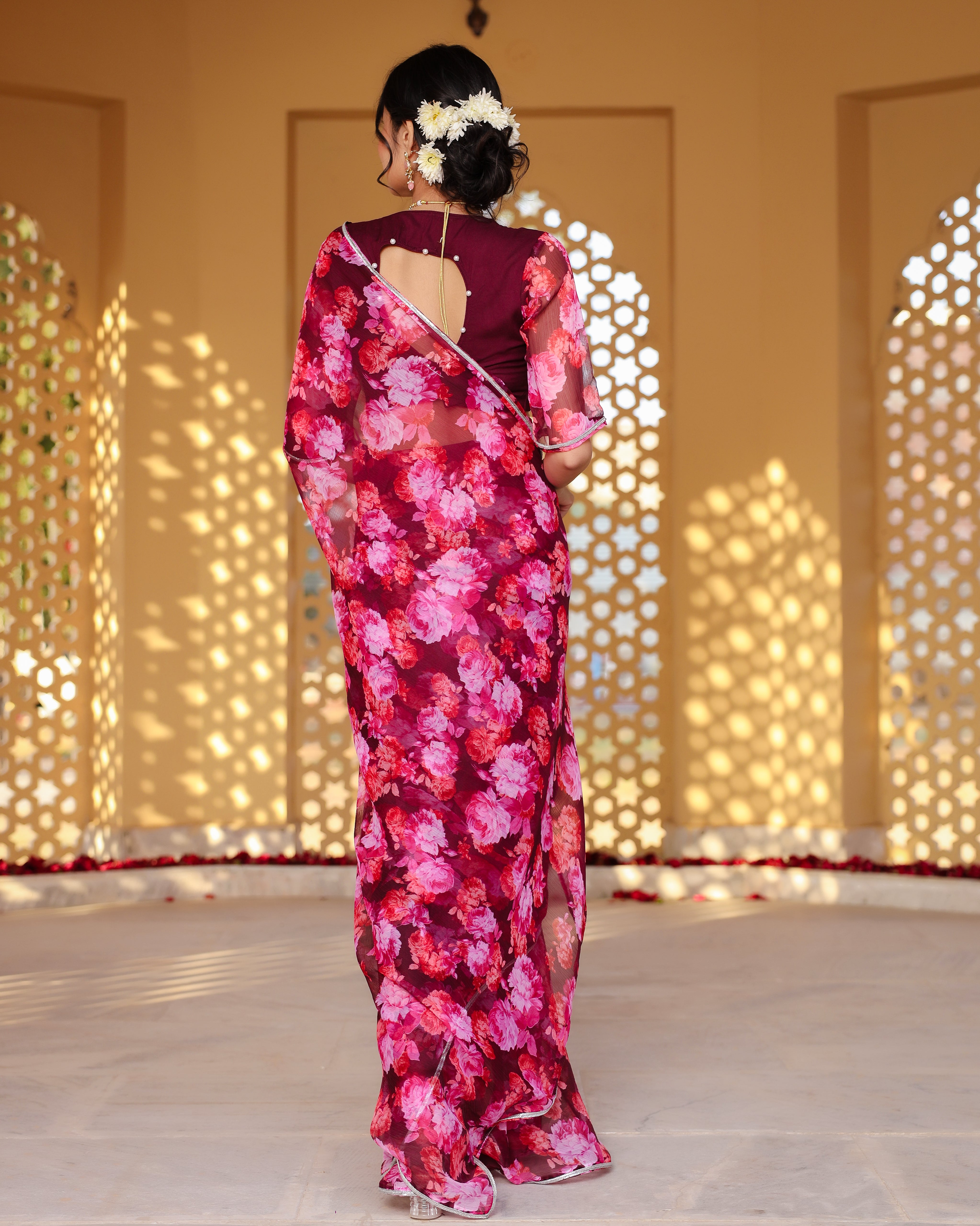 Wine Floral Printed Saree