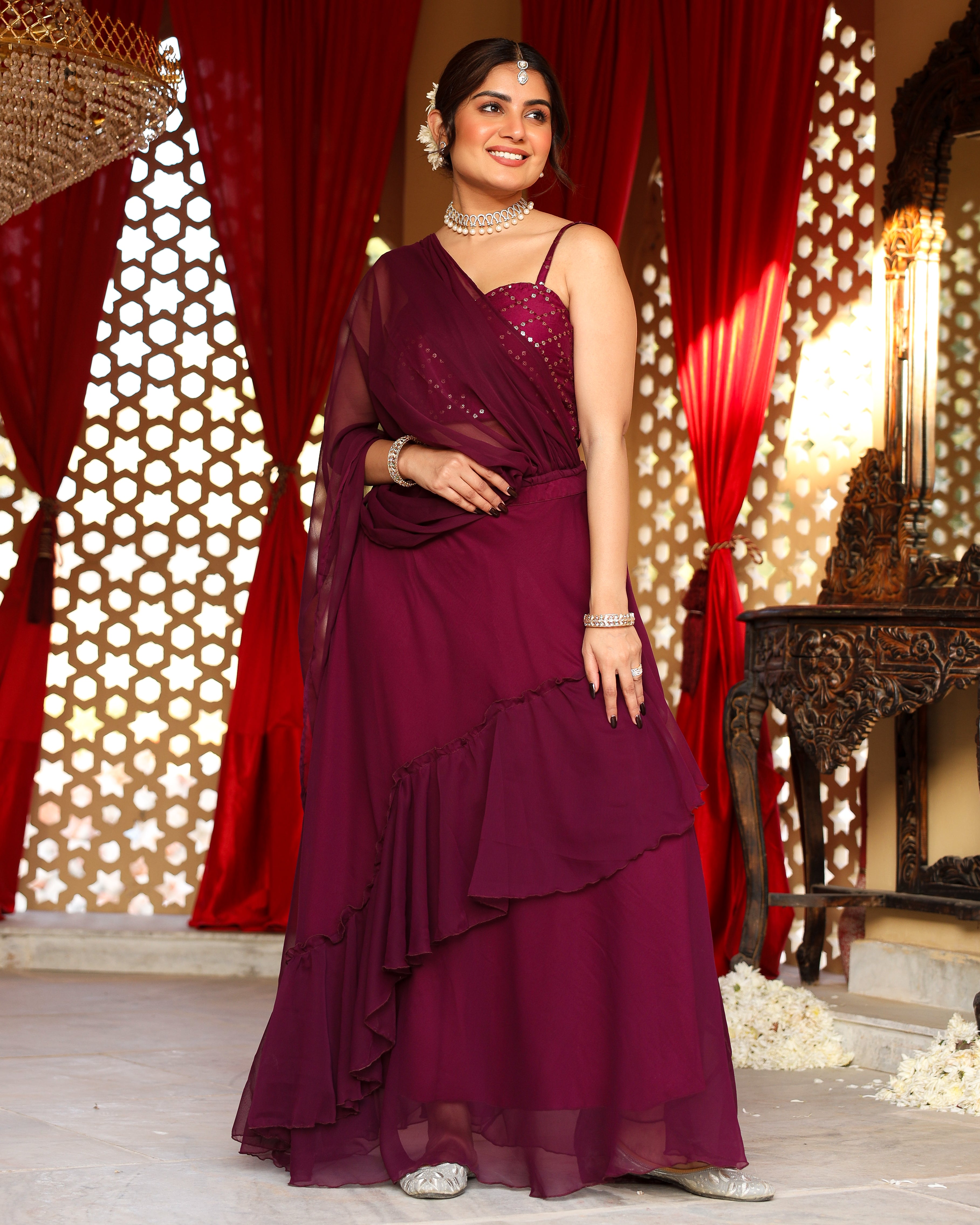 Maroon Flared Saree With Sequin Blouse