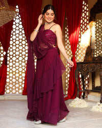 Maroon Flared Saree With Sequin Blouse