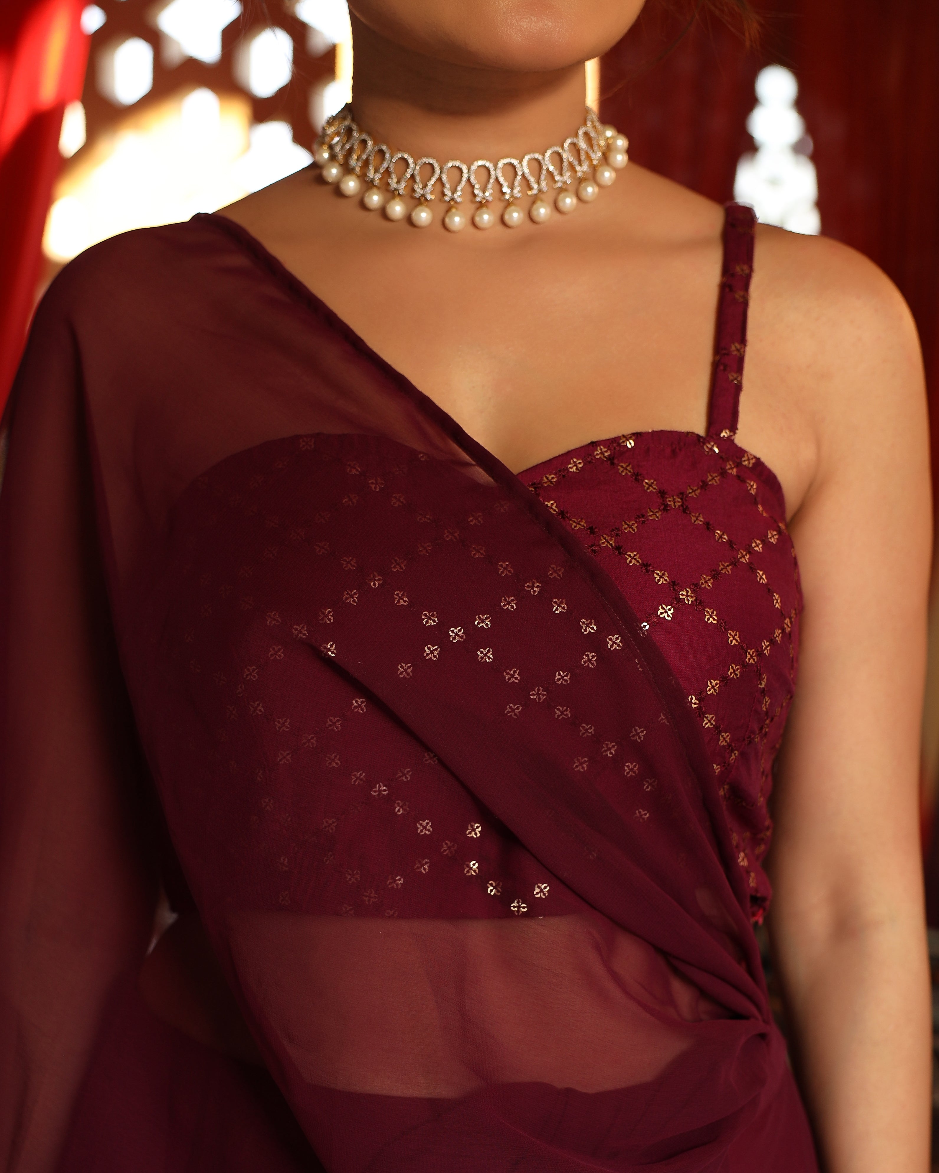 Maroon Flared Saree With Sequin Blouse