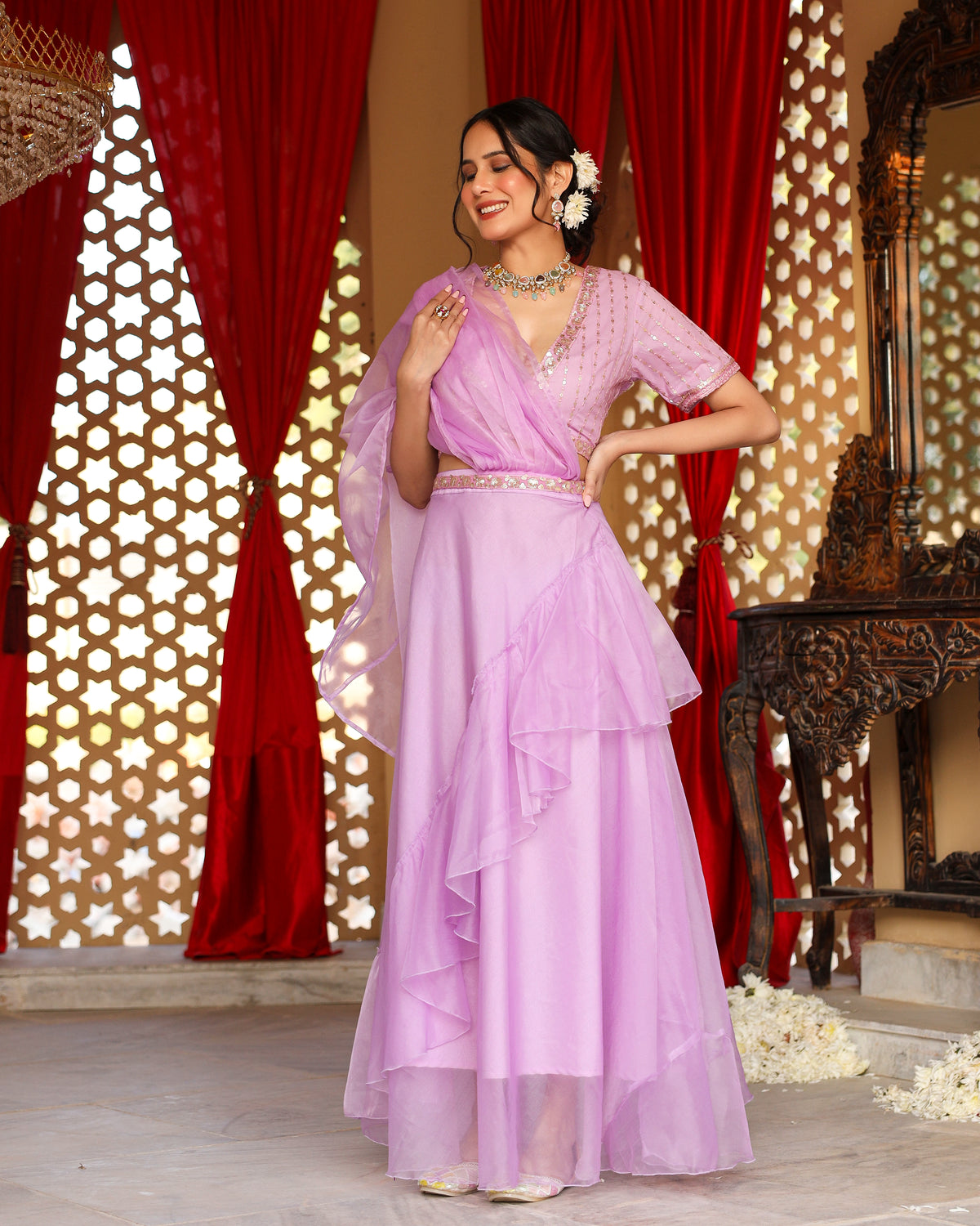 Levender Flared Pre- Draped Saree With Sequin Blouse