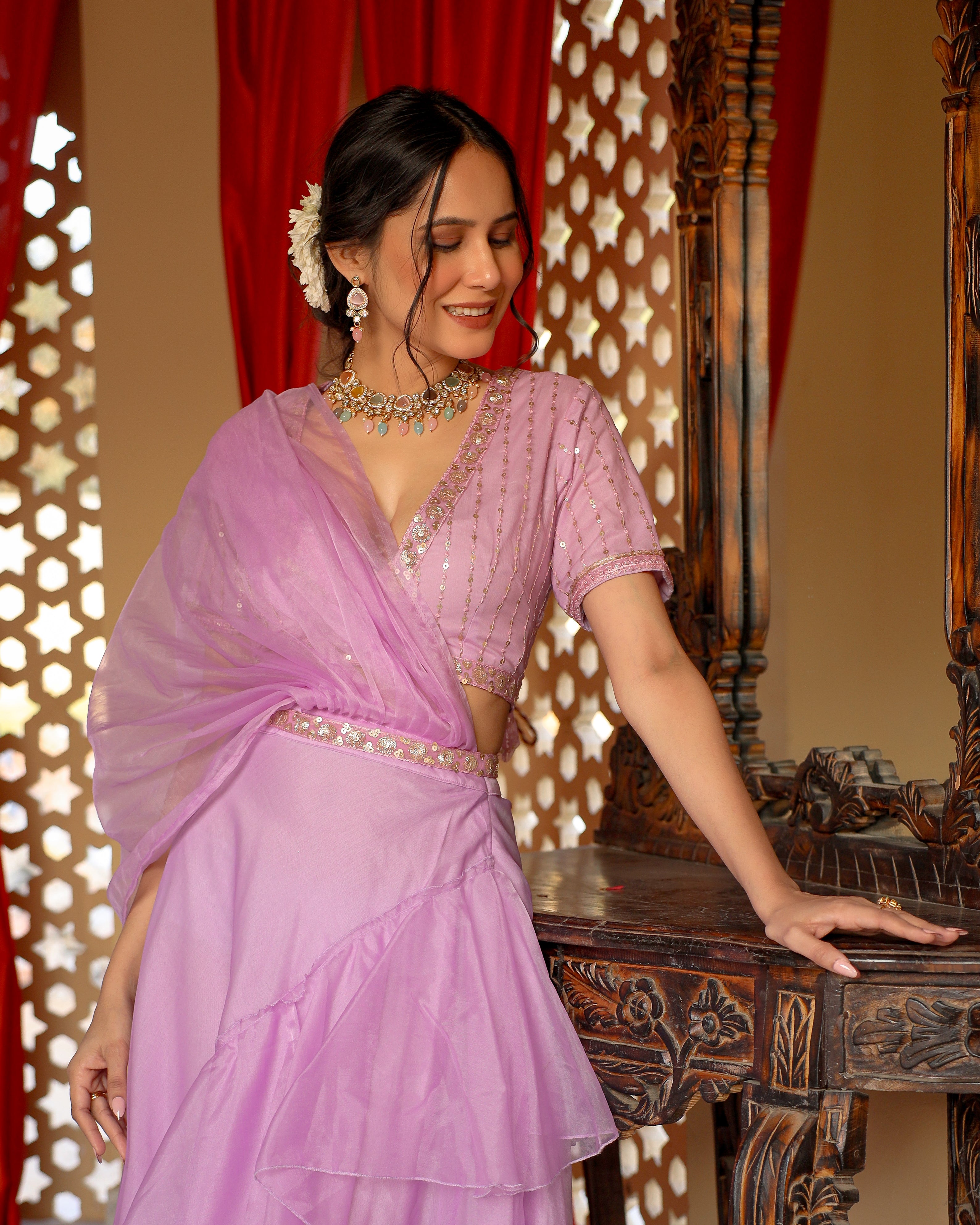 Levender Flared saree with Sequin Blouse