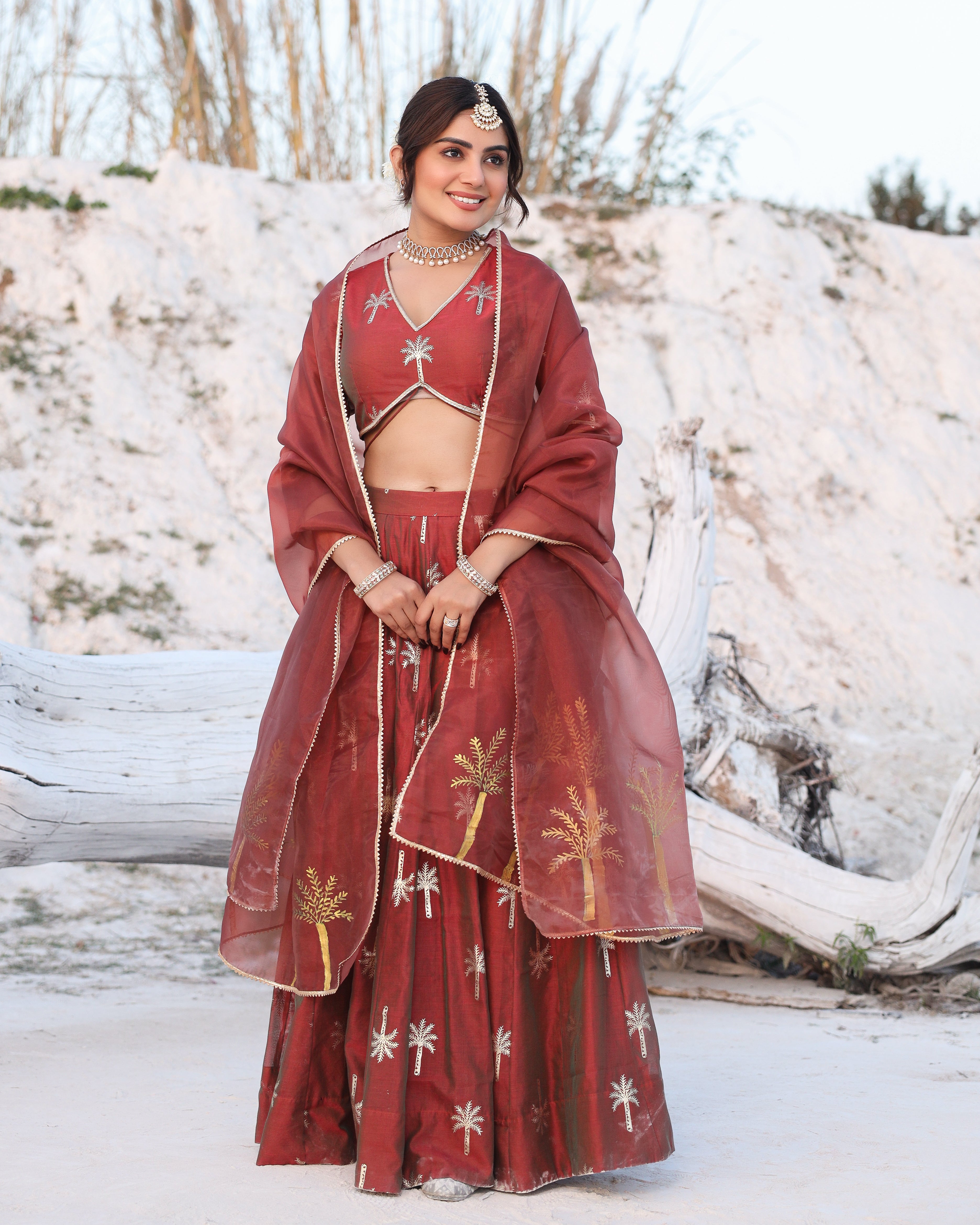 Tree Foil Printed Brown Lehenga Set