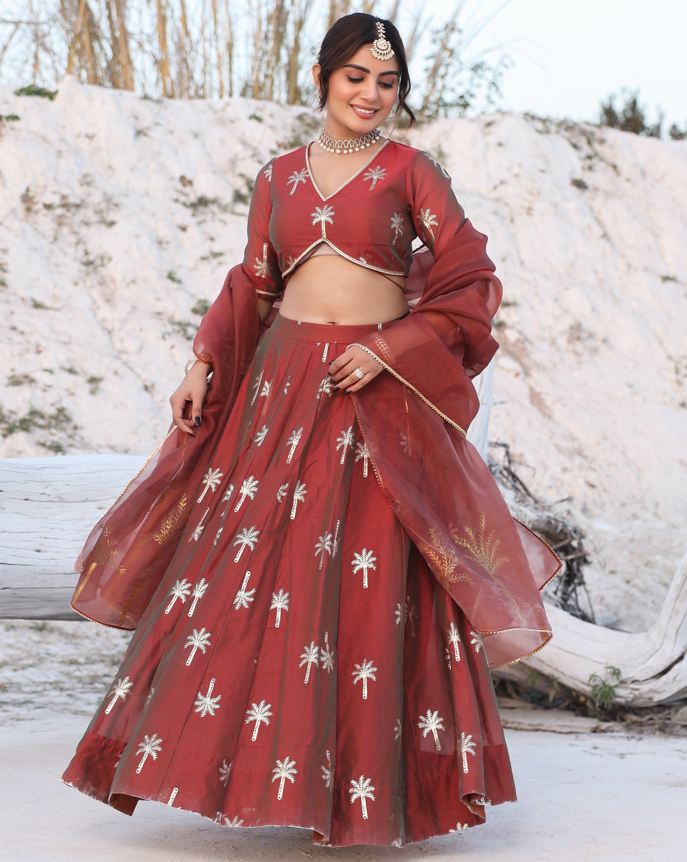 Tree Foil Printed Brown Lehenga Set