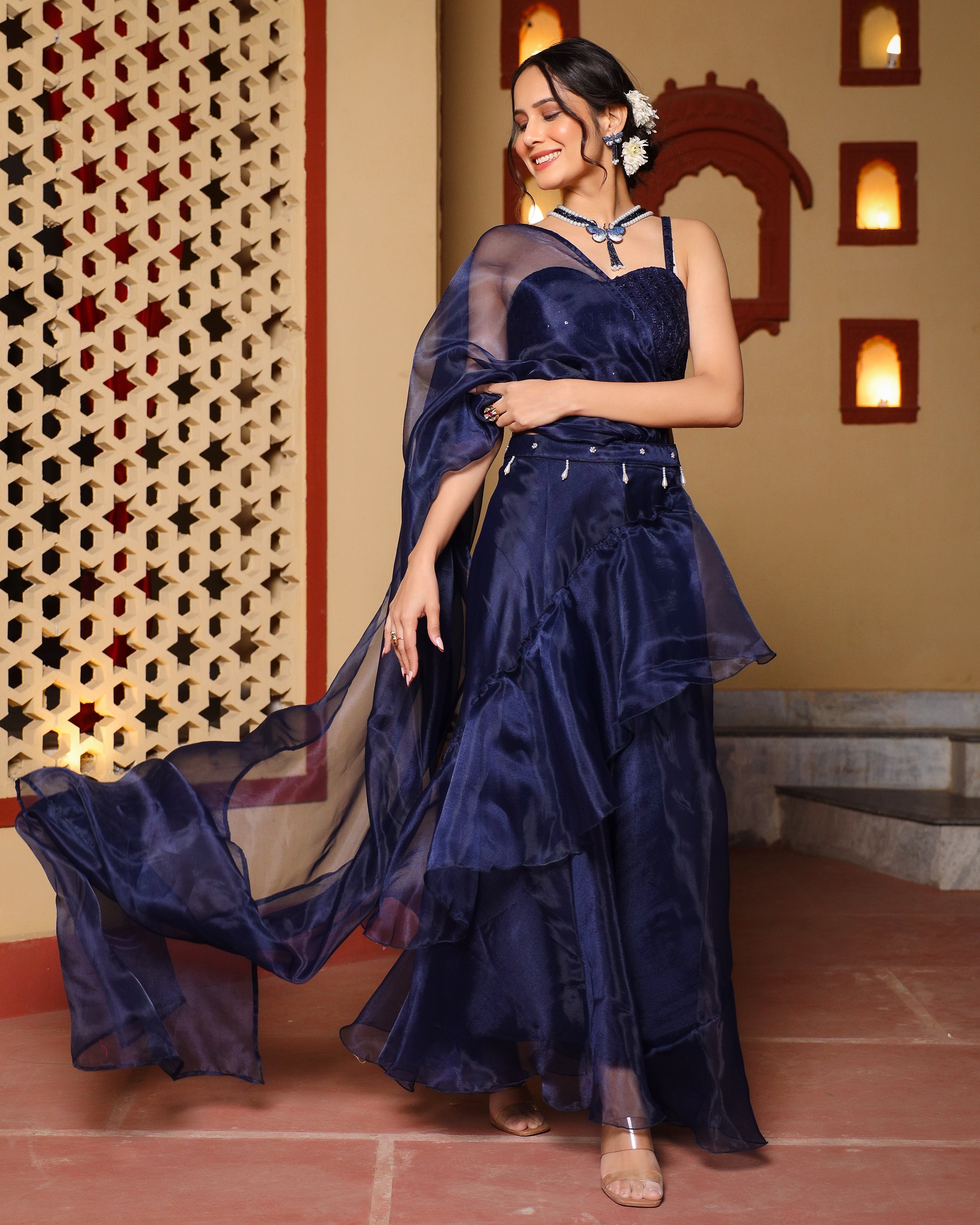 Blue Frilled Saree With Sequin Blouse