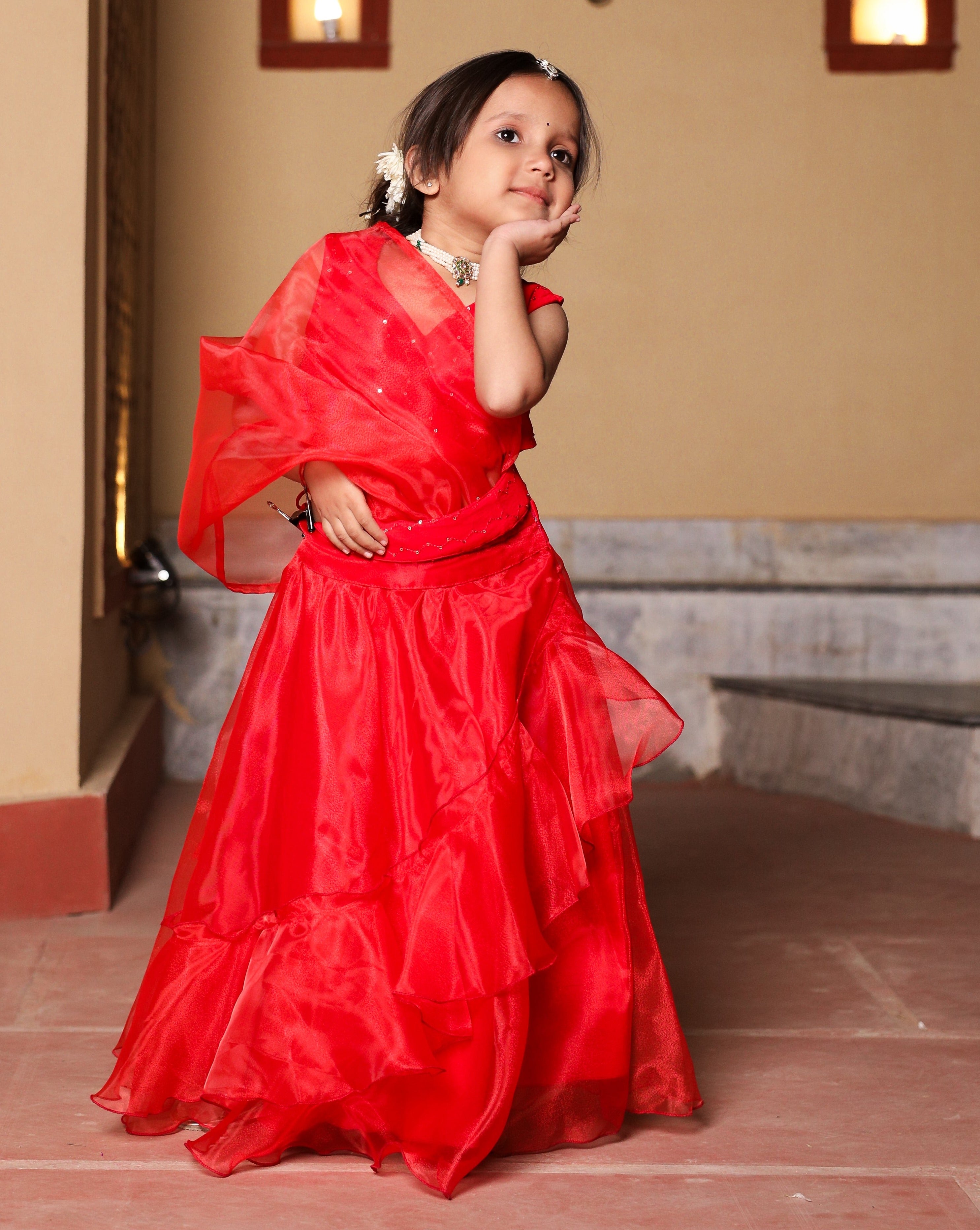 Kids Red Ruffle Sequin Saree
