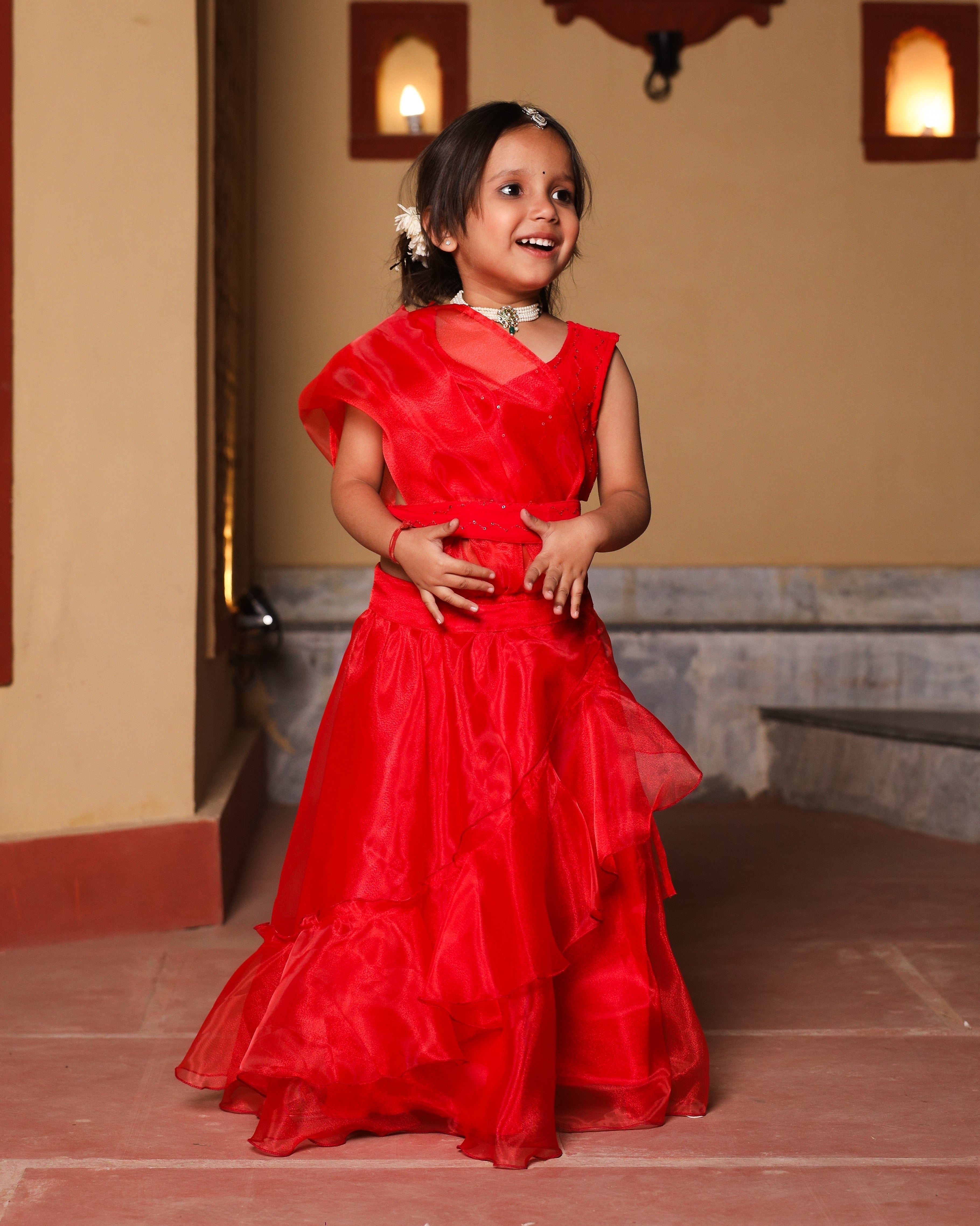 Kids Red Ruffle Sequin Saree