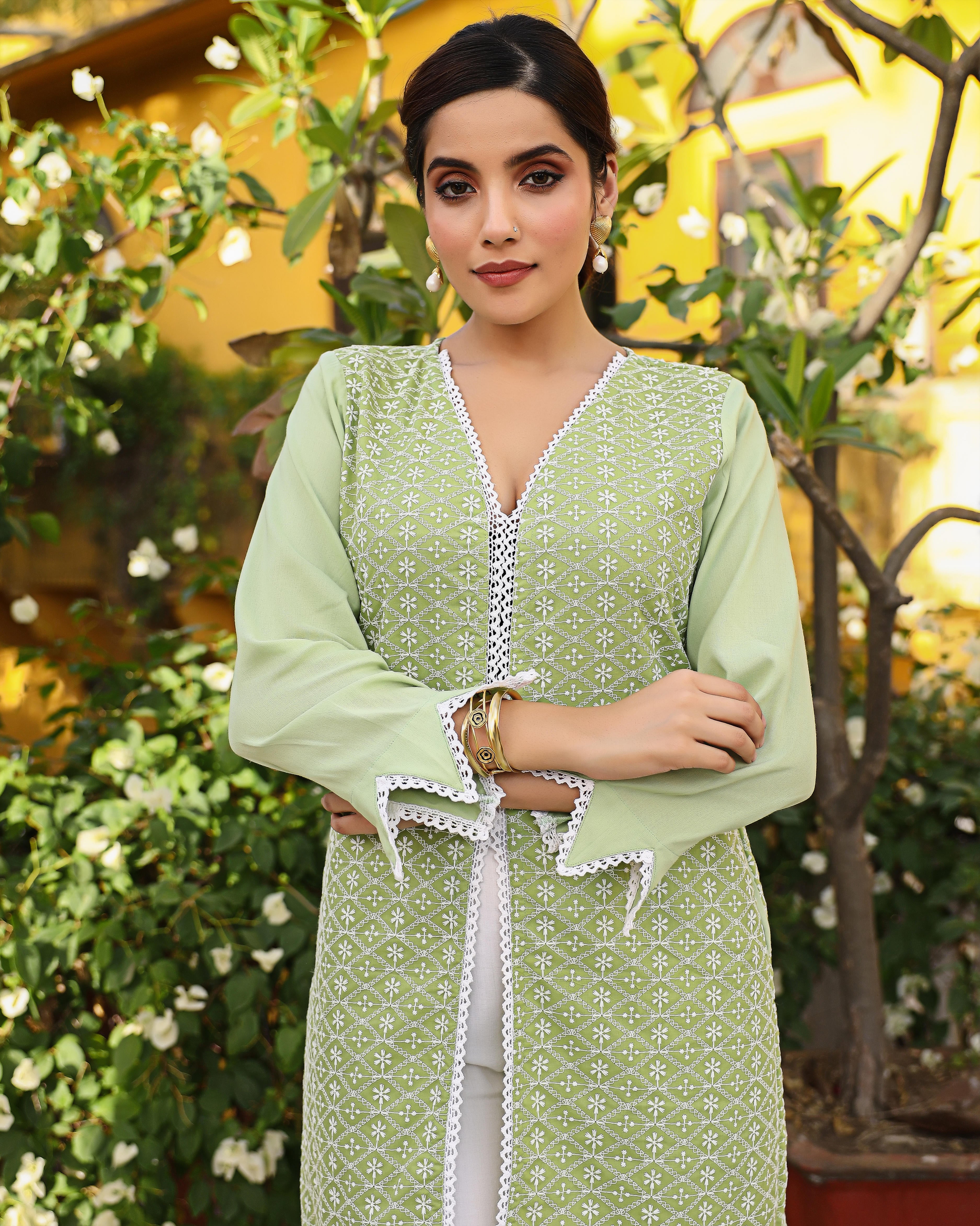 Green Chikankari Kurta Set