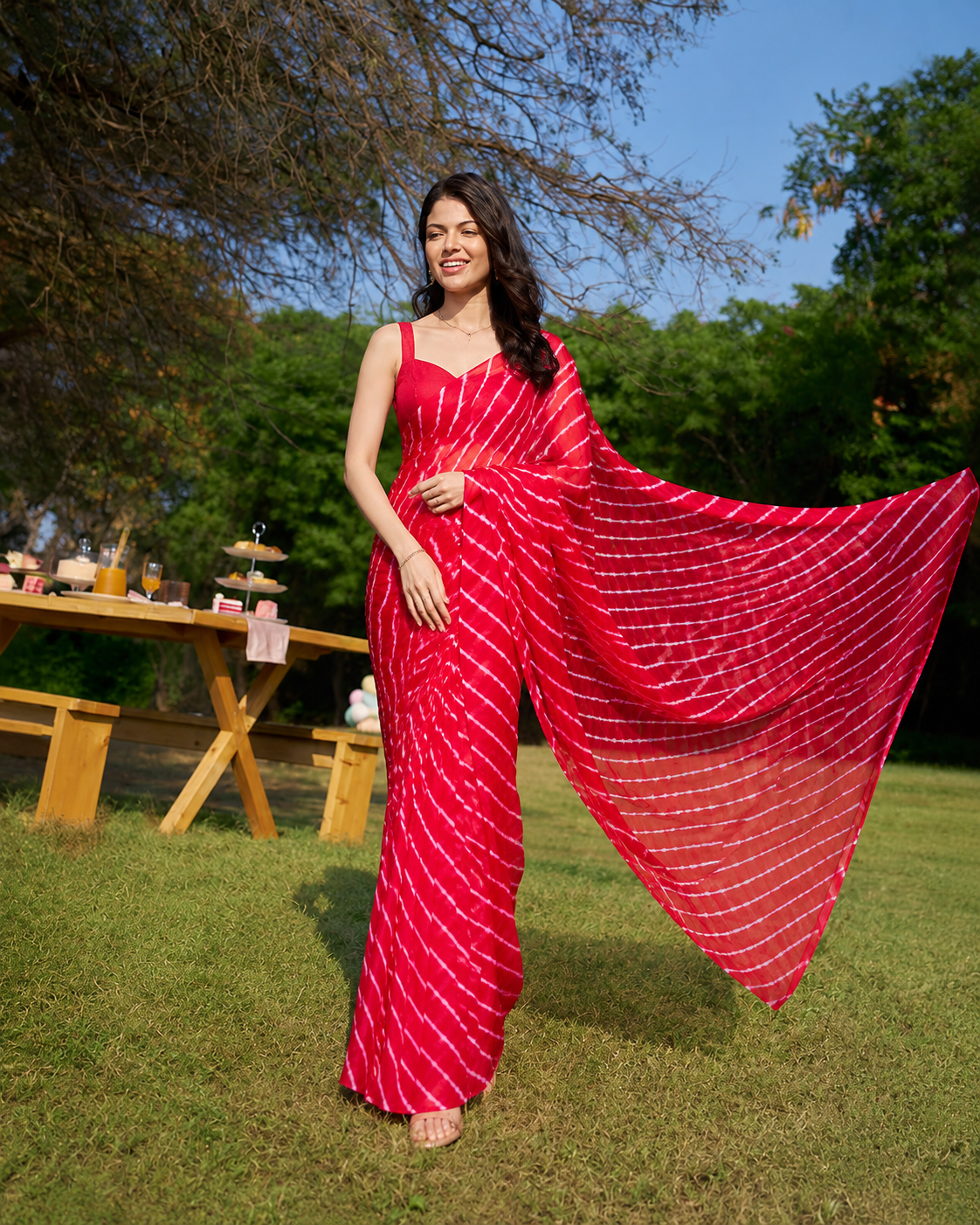 Ruhani Red Lehariya Chiffon Saree