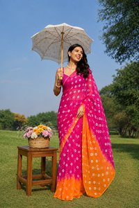 Aavya Yellow Pink Bandhani Chiffon Saree