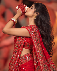 Ruhani Red Ajrakh Modal satin Handwork Saree