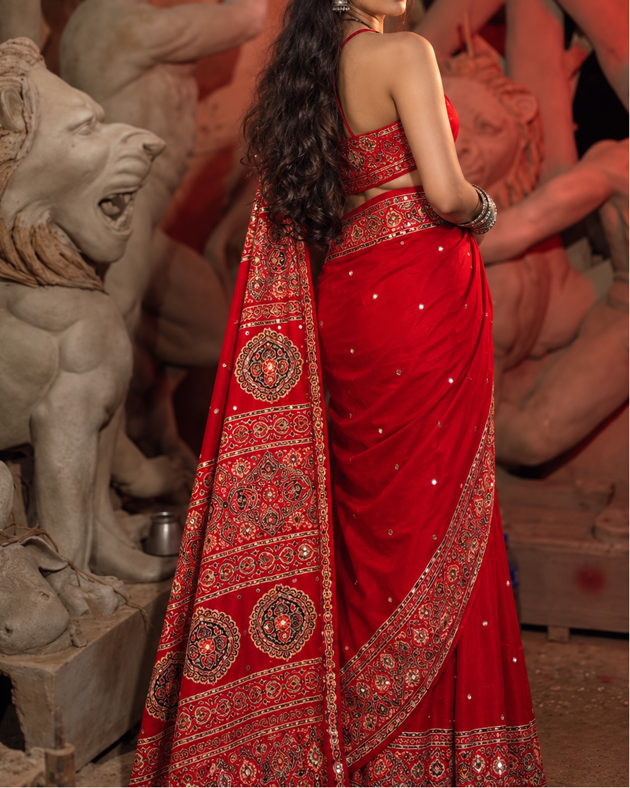 Ruhani Red Ajrakh Modal satin Handwork Saree