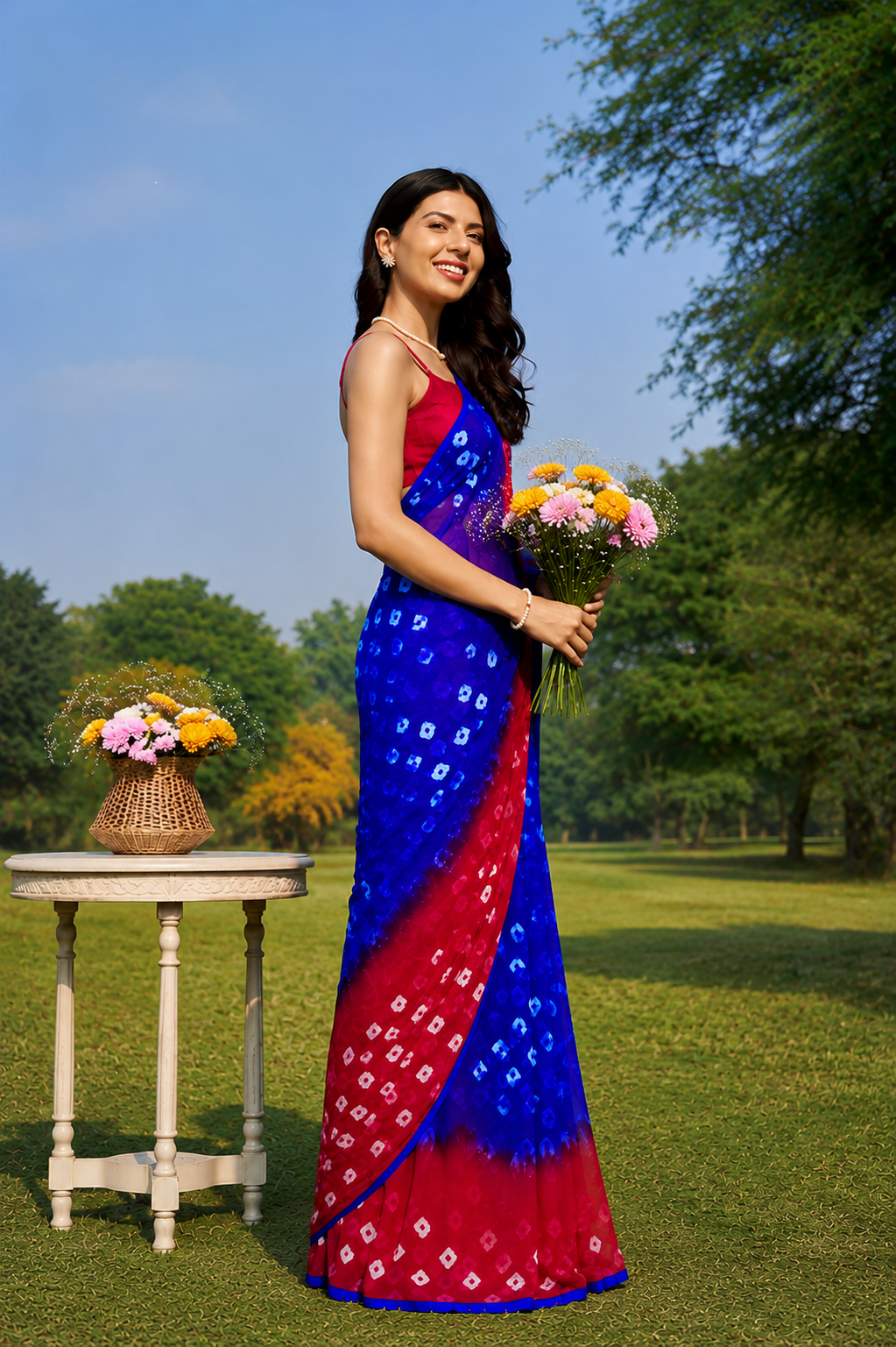 Vanya Red Blue Bandhani Chiffon Saree