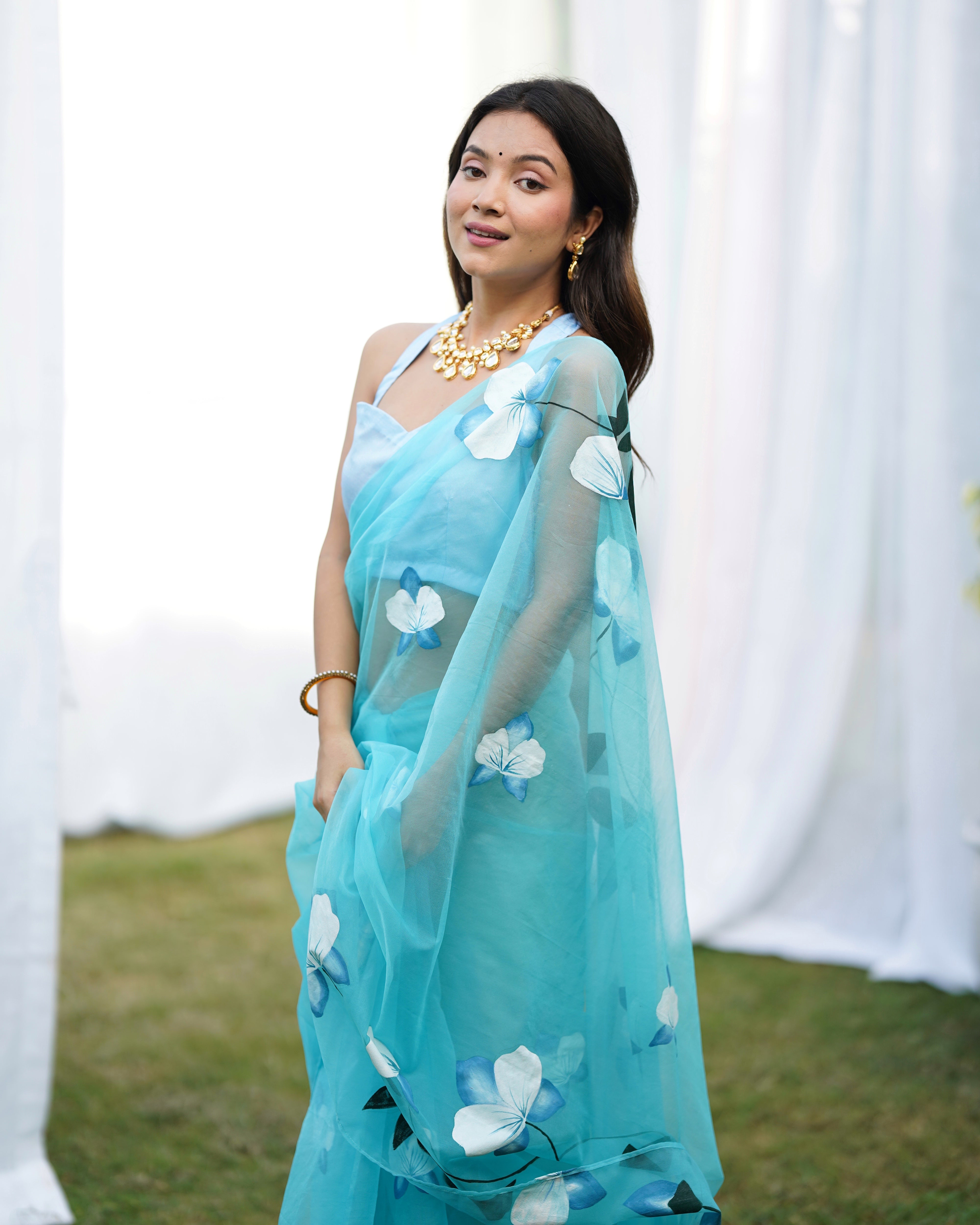 Blue Organza Handpainted  Saree