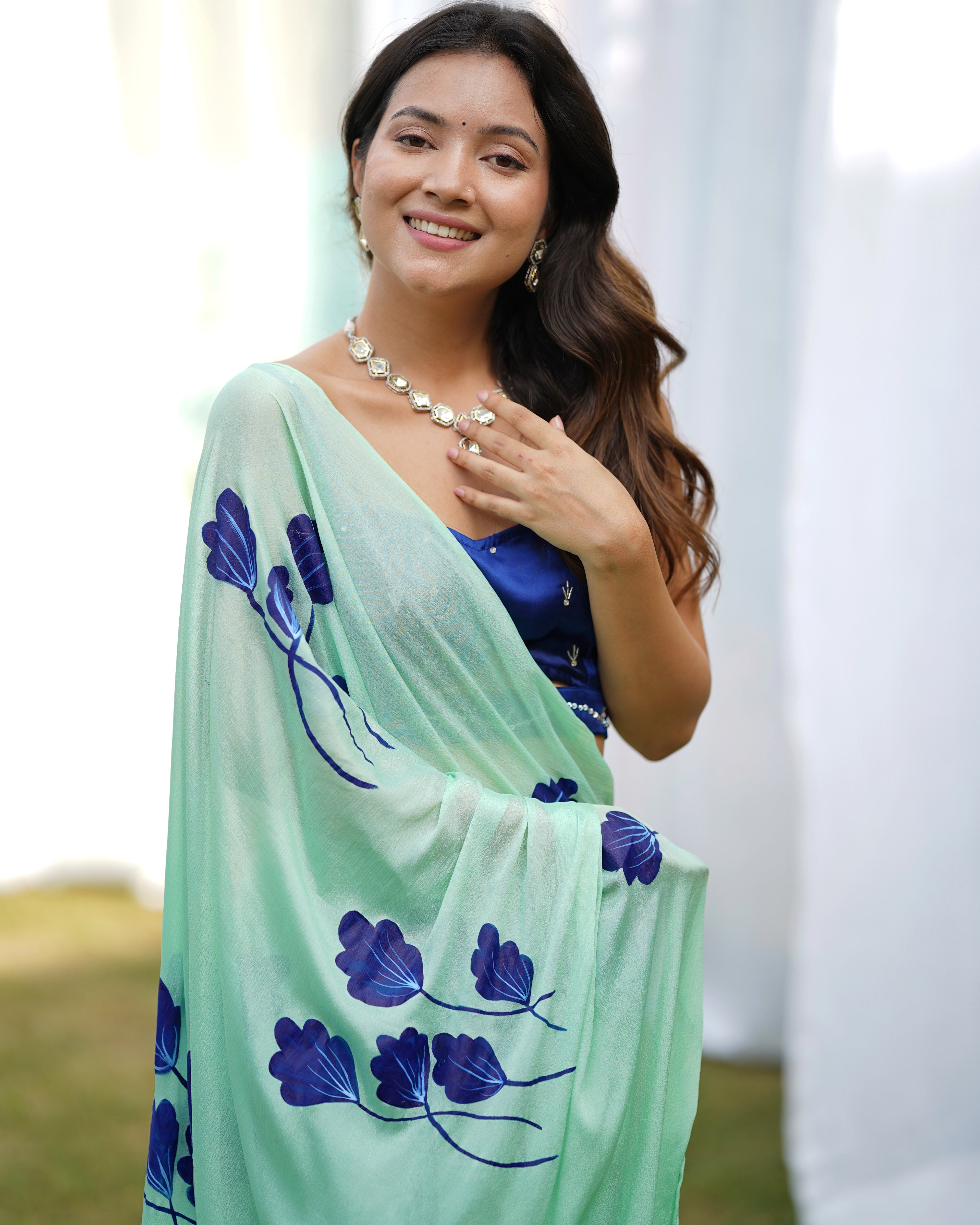 Misty Green Handpainted Draped Saree