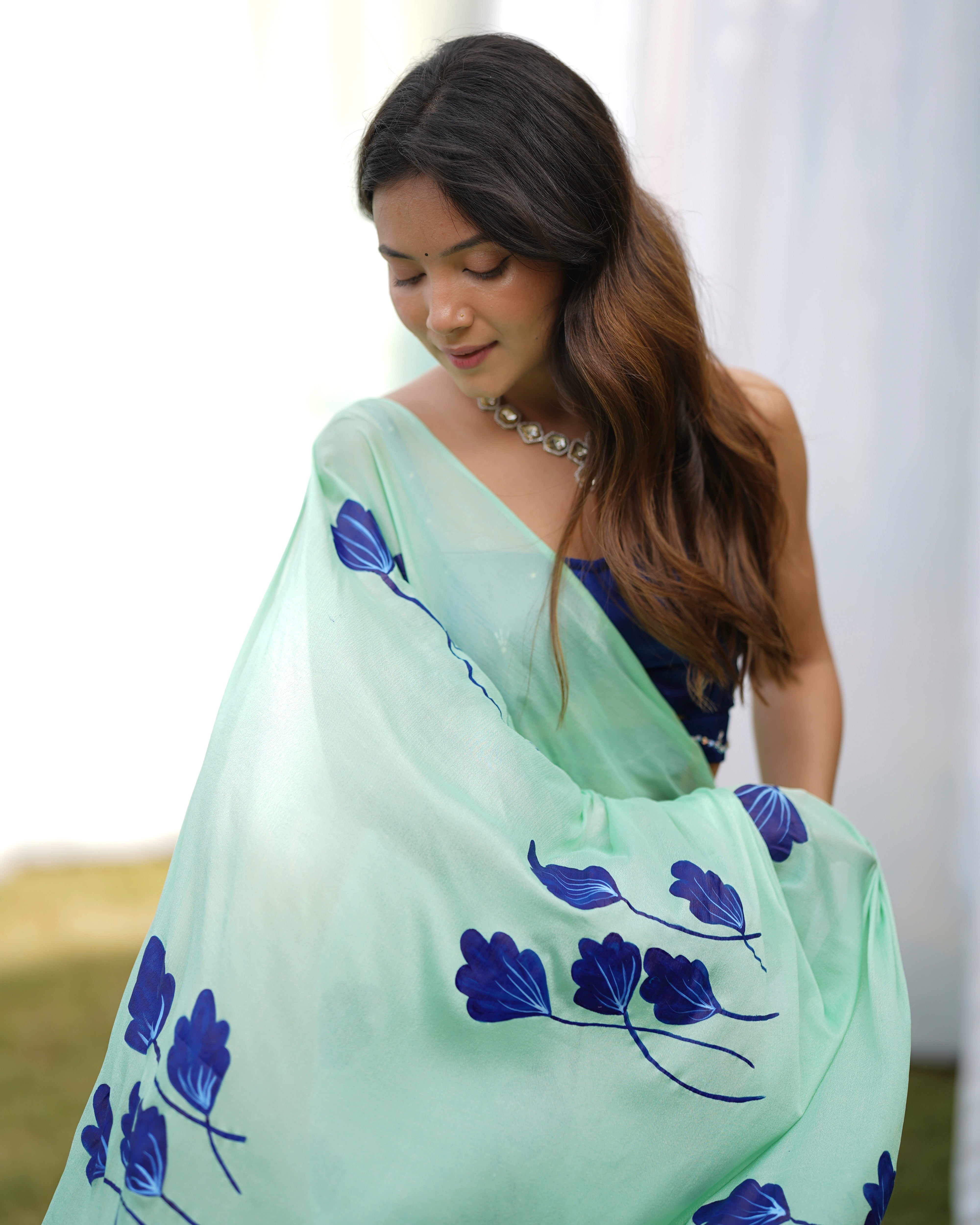Misty Green Handpainted Draped Saree